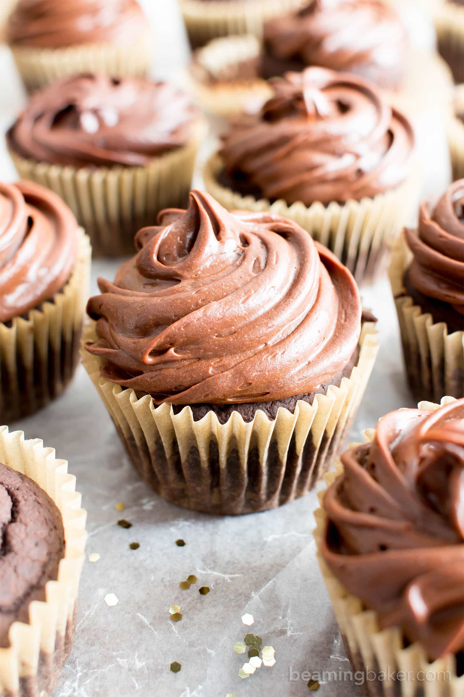 Vegan Gluten Free Chocolate Cupcakes (V, GF): an easy recipe for deliciously moist chocolate cupcakes topped with silky smooth chocolate frosting. #Vegan #GlutenFree #DairyFree #Dessert #Cupcakes | Recipe on BeamingBaker.com