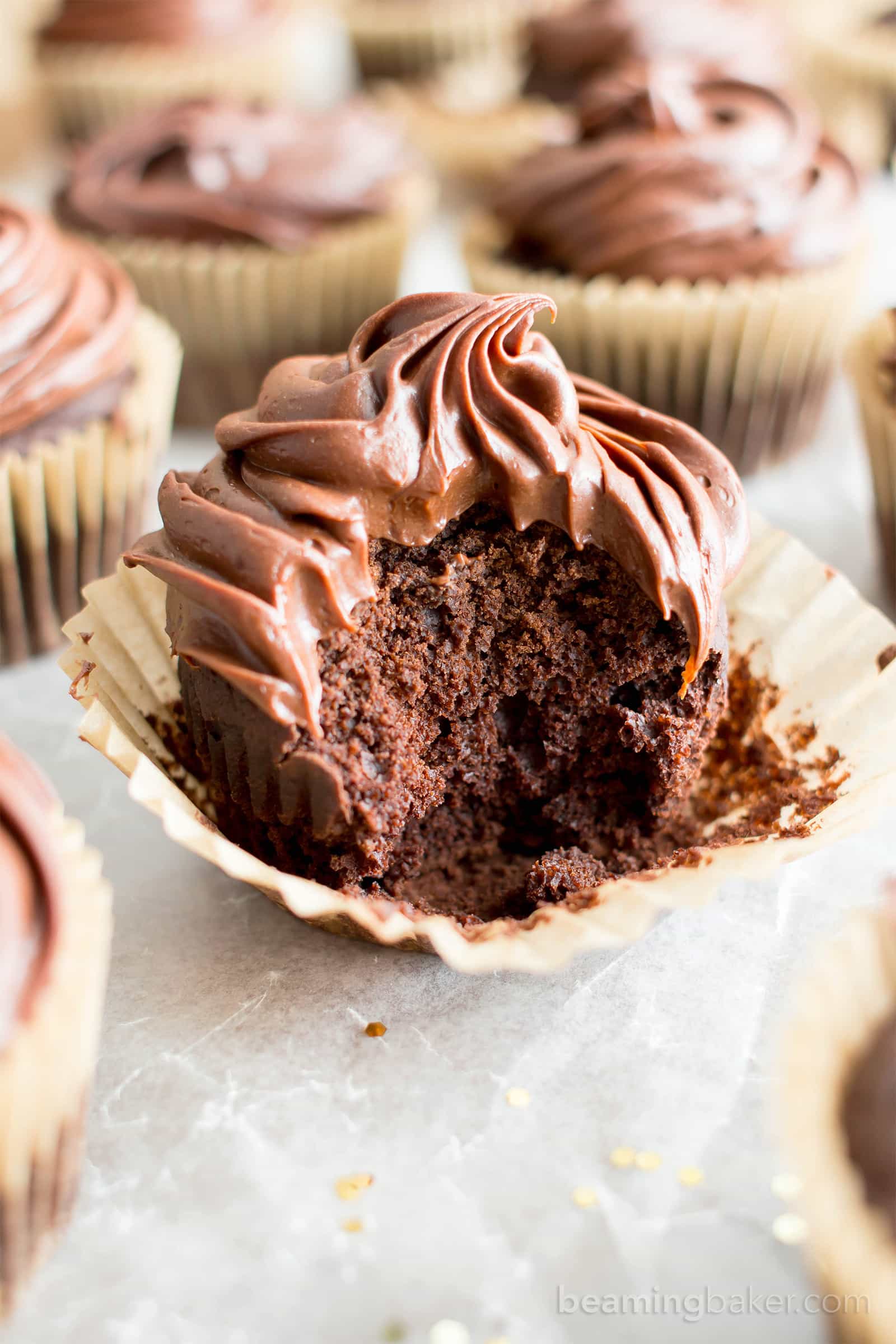 Vegan Gluten Free Chocolate Cupcakes (GF): fluffy ‘n moist healthy chocolate cupcakes with a soft crumb, topped with creamy, smooth chocolate frosting! The best GF oat flour cupcakes—Refined Sugar-Free, Dairy-Free! #GlutenFree #Cupcakes #Vegan #Chocolate #DairyFree | Recipe at BeamingBaker.com