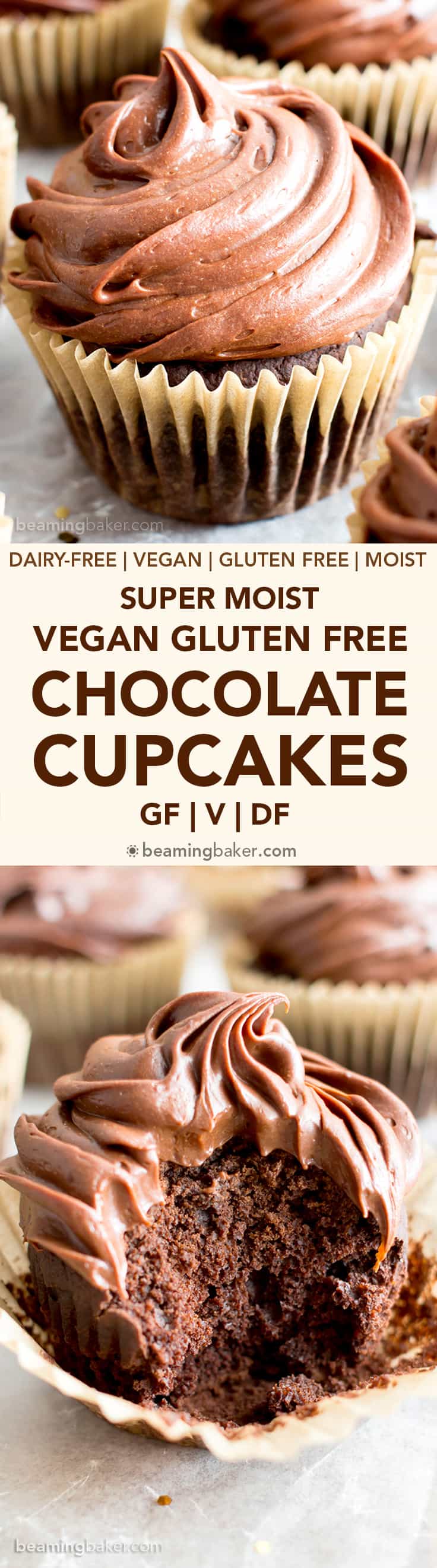 Vegan Gluten Free Chocolate Cupcakes (V, GF): an easy recipe for deliciously moist chocolate cupcakes topped with silky smooth chocolate frosting. #Vegan #GlutenFree #DairyFree #Dessert #Cupcakes | Recipe on BeamingBaker.com