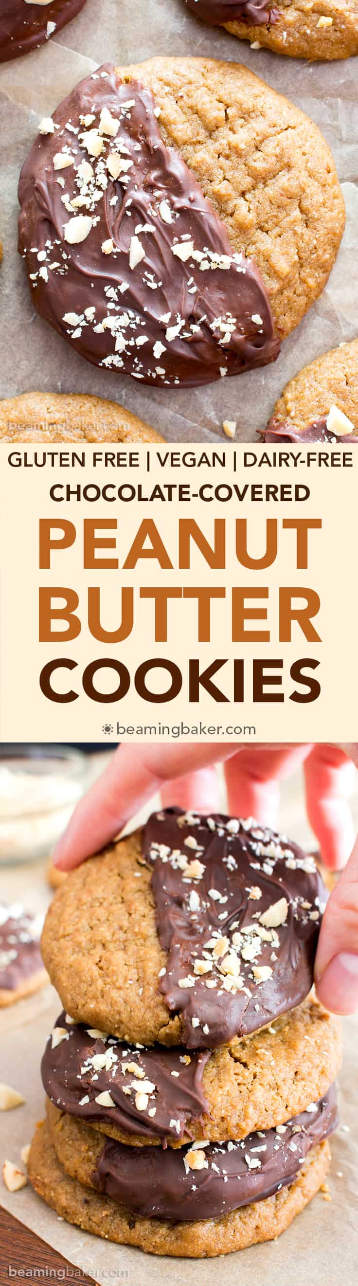 Chocolate Covered Peanut Butter Cookies (V, GF): an easy recipe for soft ‘n chewy peanut butter cookies wrapped in a velvety layer of chocolate and topped with crunchy peanuts. #Vegan #Desserts #GlutenFree #DairyFree #Healthy #Holiday | Recipe on BeamingBaker.com
