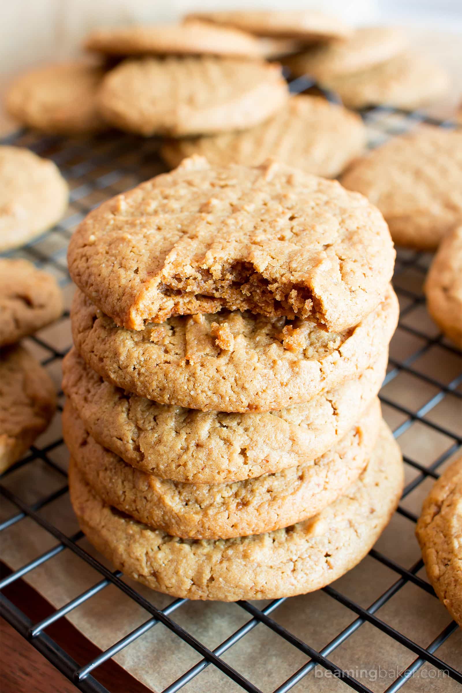 Easy Vegan Peanut Butter Cookies (V, GF): an easy recipe for comforting peanut butter cookies that are lightly crispy on the outside, soft and chewy on the inside, made with healthy, whole ingredients! #Vegan #GlutenFree #DairyFree #Healthy #Dessert #ProteinRich | Recipe on BeamingBaker.com