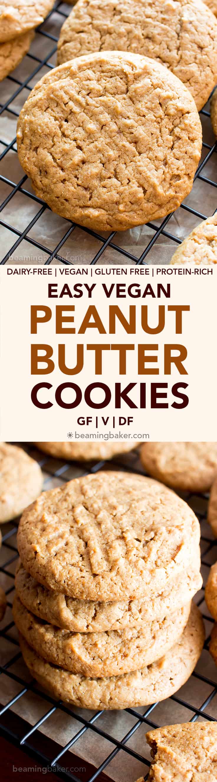 Easy Vegan Peanut Butter Cookies (V, GF): an easy recipe for comforting peanut butter cookies that are lightly crispy on the outside, soft and chewy on the inside, made with healthy, whole ingredients! #Vegan #GlutenFree #DairyFree #Healthy #Dessert #ProteinRich | Recipe on BeamingBaker.com