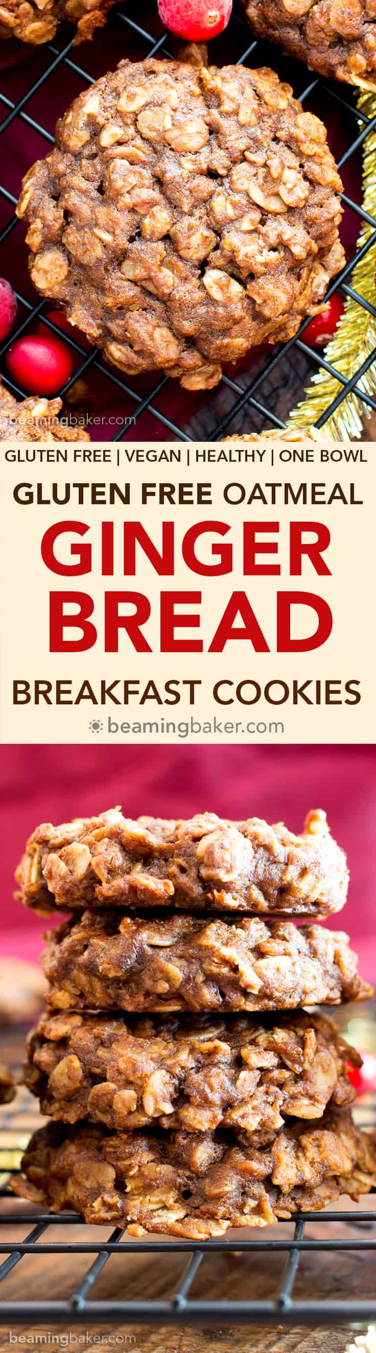 Gluten Free Gingerbread Oatmeal Breakfast Cookies (V, GF): an easy recipe for lightly sweet, soft and chewy ginger oatmeal cookies bursting with your favorite warm holiday spices! #Vegan #GlutenFree #Christmas #DairyFree #Holiday #Healthy | Recipe on BeamingBaker.com