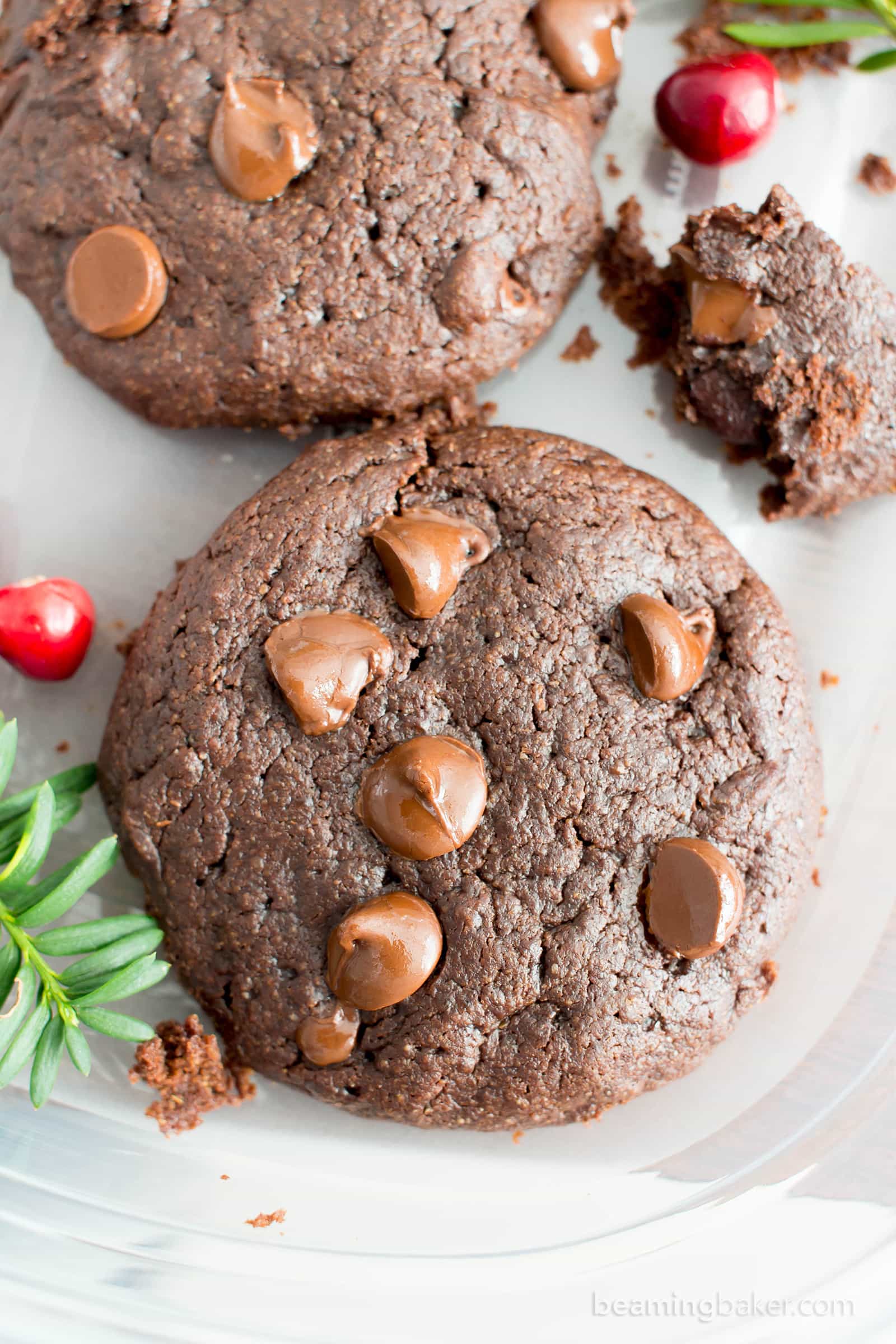 Gluten Free Peppermint Brownie Cookies Recipe (V, GF): a one bowl recipe for soft, decadent and fudgy brownie cookies (aka brookies) bursting with cool peppermint flavor and melted chocolate chips. #Vegan #GlutenFree #DairyFree #HealthyDessert #Holiday #Christmas | Recipe on BeamingBaker.com