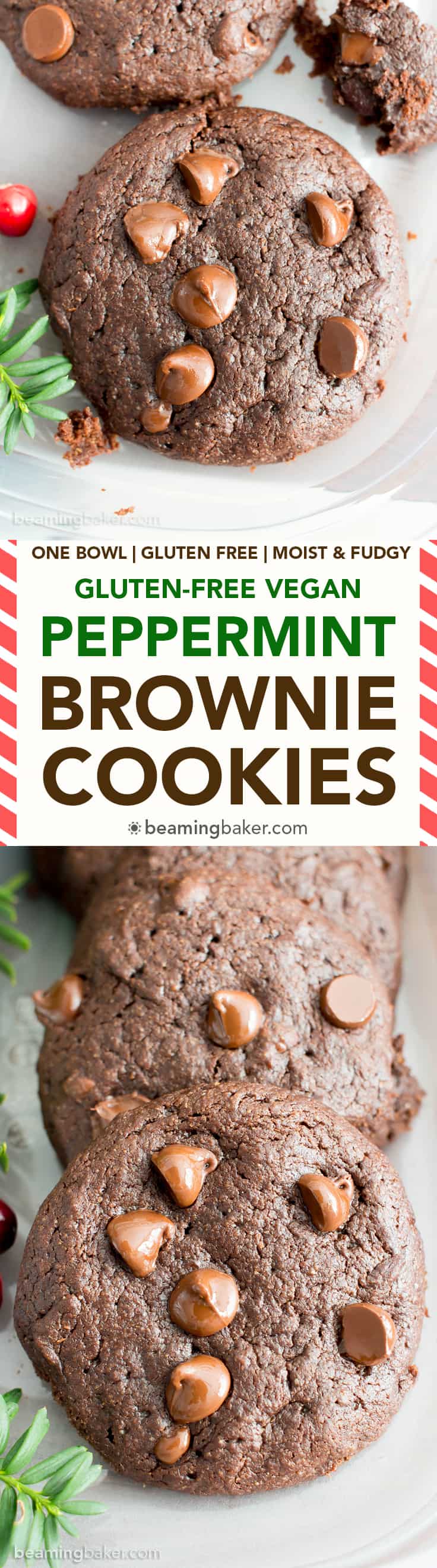 Gluten Free Peppermint Brownie Cookies Recipe (V, GF): a one bowl recipe for soft, decadent and fudgy brownie cookies (aka brookies) bursting with cool peppermint flavor and melted chocolate chips. #Vegan #GlutenFree #DairyFree #HealthyDessert #Holiday #Christmas | Recipe on BeamingBaker.com