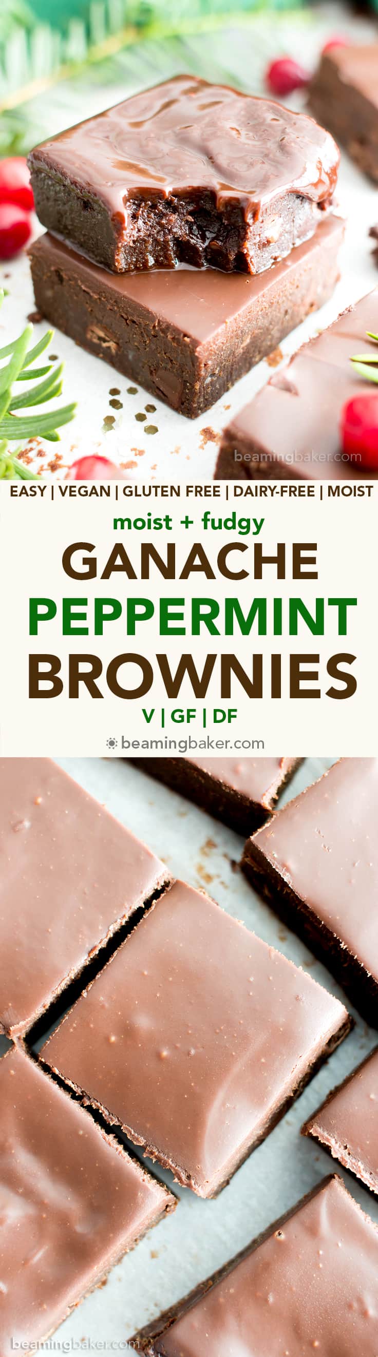 Moist & Fudgy Ganache Peppermint Brownies Recipe (V, GF): an easy recipe for indulgently fudgy, cool mint brownies topped with silky smooth chocolate ganache made with healthy ingredients. #Vegan #GlutenFree #DairyFree #HealthyHolidayDesserts #Desserts | Recipe on BeamingBaker.com