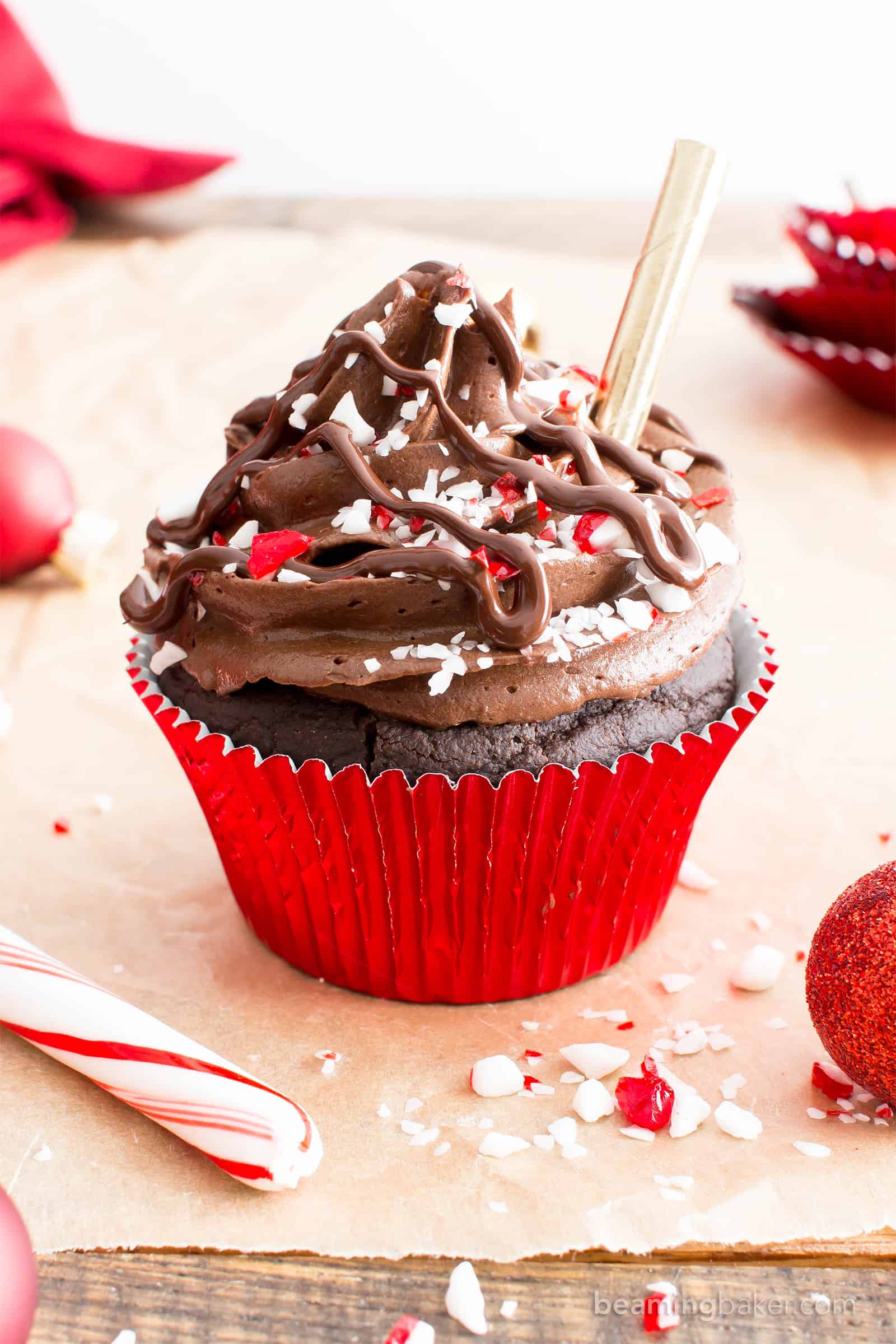 Vegan Peppermint Mocha Cupcakes (V, GF): a festive recipe for rich ‘n moist chocolate cupcakes bursting with peppermint mocha flavors and topped with rich, smooth frosting. #Vegan #GlutenFree #DairyFree #Dessert #Cupcakes #Christmas #SimpleMills #SimpleGiftofHealth #TheSimpleWay | Recipe on BeamingBaker.com