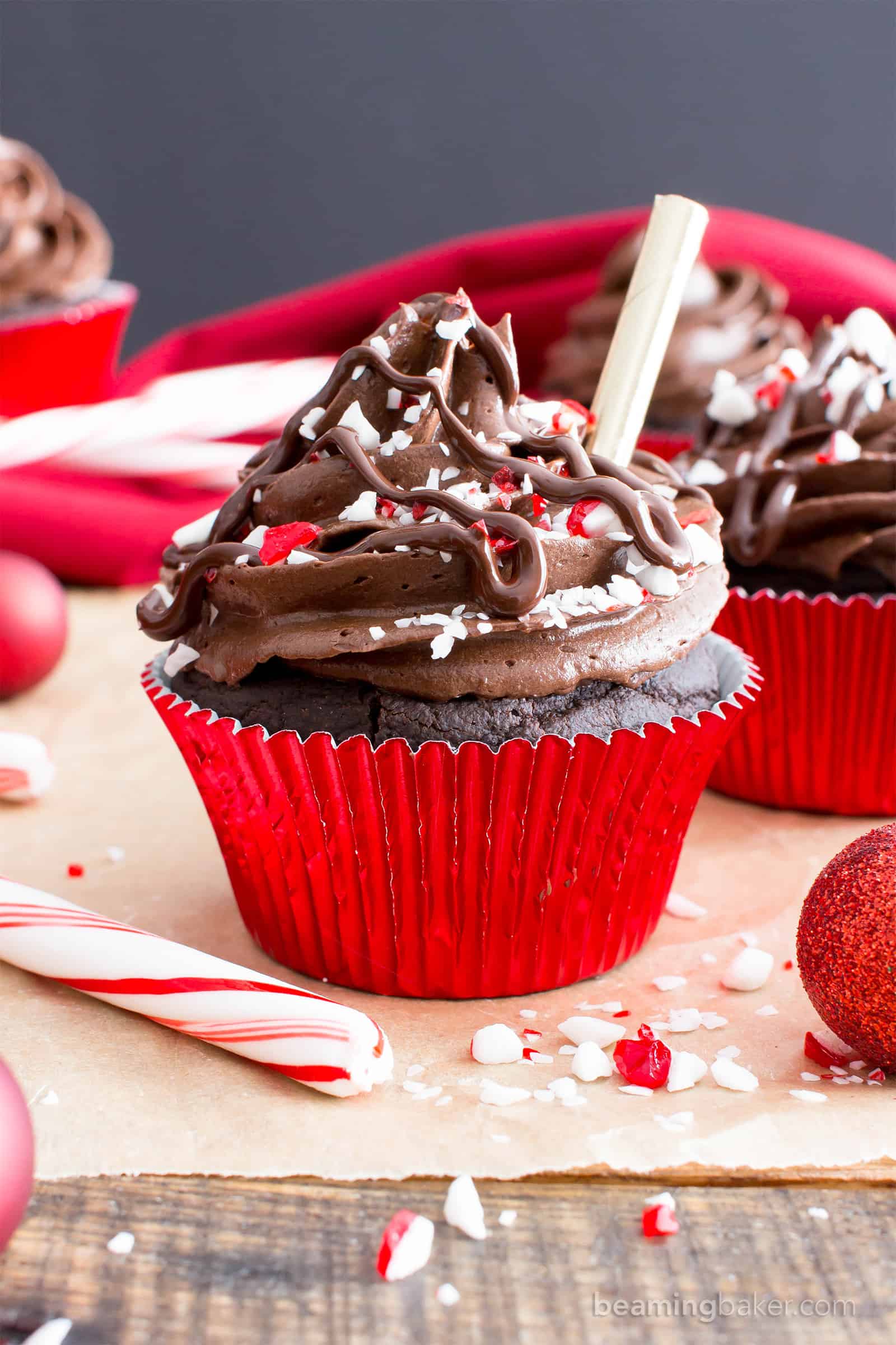 Vegan Peppermint Mocha Cupcakes (V, GF): a festive recipe for rich ‘n moist chocolate cupcakes bursting with peppermint mocha flavors and topped with rich, smooth frosting. #Vegan #GlutenFree #DairyFree #Dessert #Cupcakes #Christmas #SimpleMills #SimpleGiftofHealth #TheSimpleWay | Recipe on BeamingBaker.com
