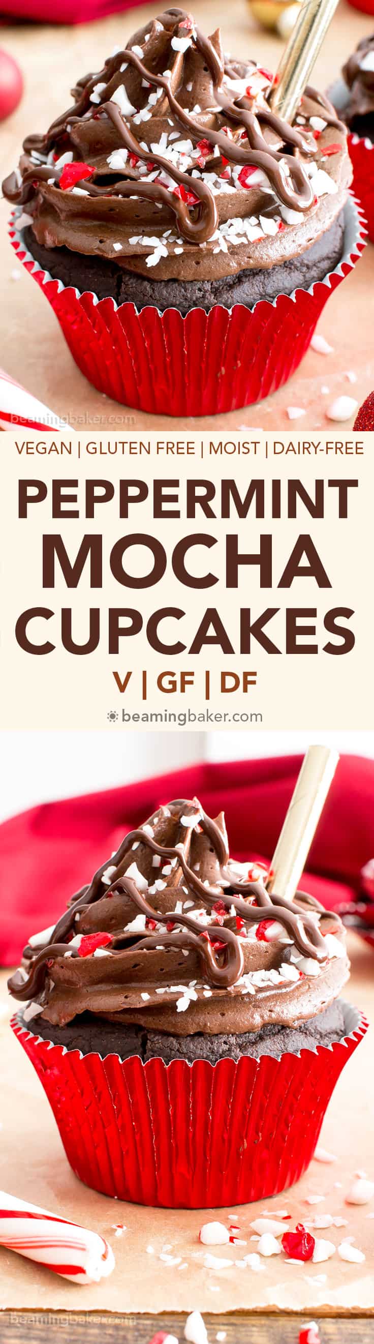 Vegan Peppermint Mocha Cupcakes (V, GF): a festive recipe for rich ‘n moist chocolate cupcakes bursting with peppermint mocha flavors and topped with rich, smooth frosting. #Vegan #GlutenFree #DairyFree #Dessert #Cupcakes #Christmas #SimpleMills #SimpleGiftofHealth #TheSimpleWay | Recipe on BeamingBaker.com
