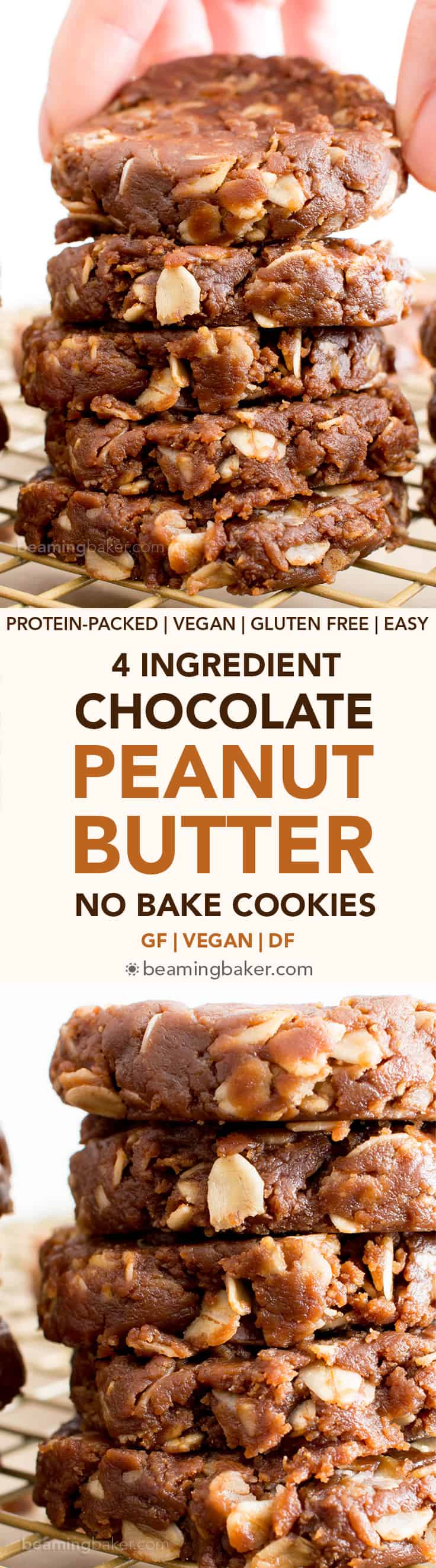 4 Ingredient No Bake Chocolate Peanut Butter #Healthy #ProteinPacked Oatmeal Cookies (V, GF, DF): an easy recipe for perfectly chewy no bake peanut butter cookies bursting with chocolate flavor. #Vegan #GlutenFree #DairyFree #Chocolate #Cookies | Recipe on BeamingBaker.com