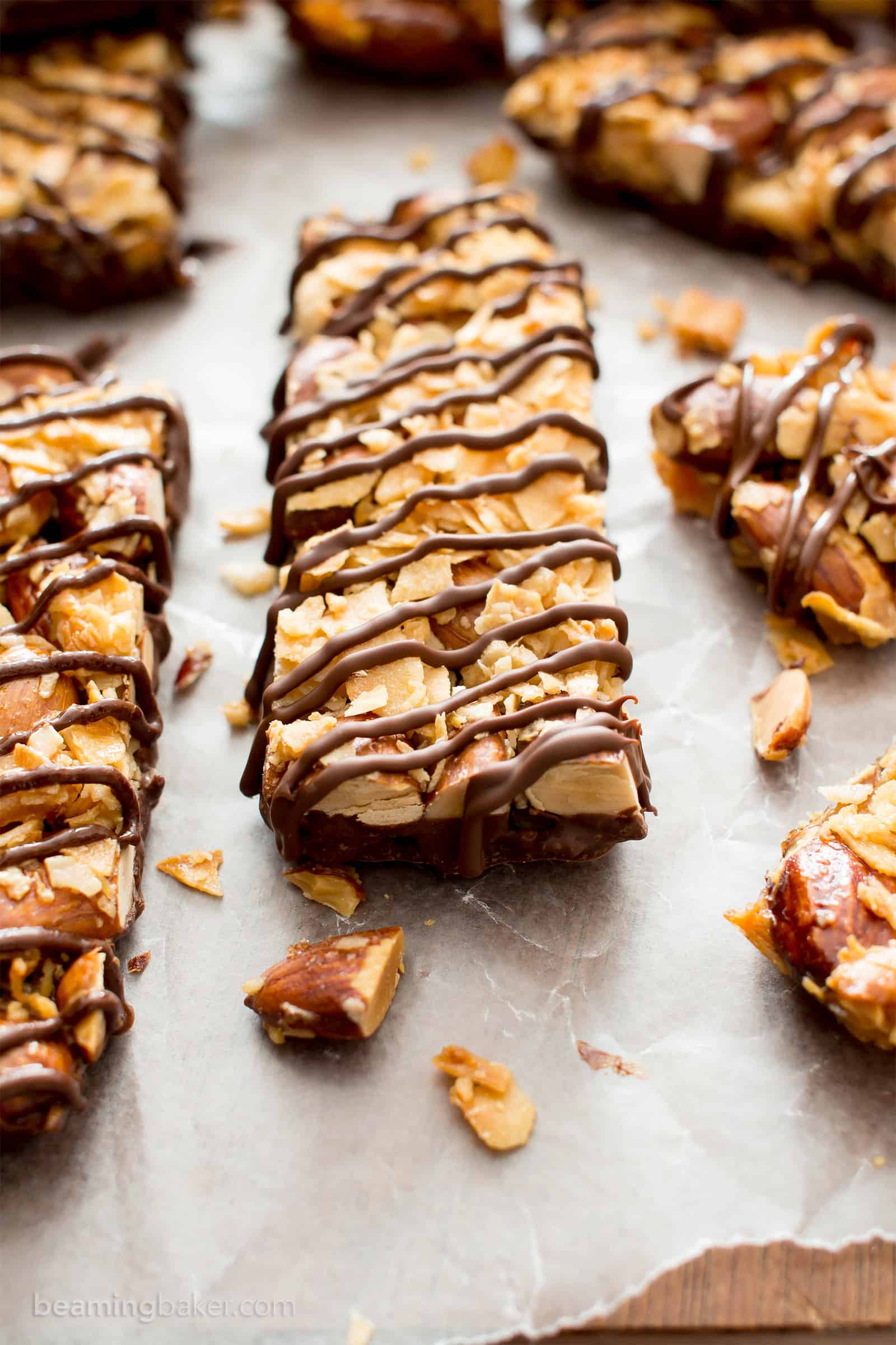 5 Ingredient Dark Chocolate Almond & Coconut Homemade KIND Bars (V, GF): an easy recipe for homemade KIND bars coated in a rich layer of chocolate. #Paleo #Vegan #GlutenFree #Healthy #DairyFree #Chocolate #Snacks | Recipe on BeamingBaker.com