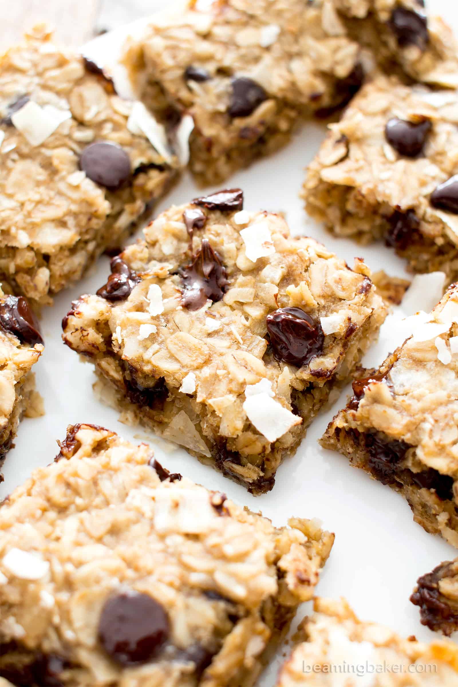 Easy Gluten Free Coconut Chocolate Chip Banana Breakfast Bars (V, GF): a quick and easy recipe for healthy homemade breakfast bars made with simple, whole ingredients. #Vegan #GlutenFree #DairyFree #Healthy #Breakfast | Recipe on BeamingBaker.com 