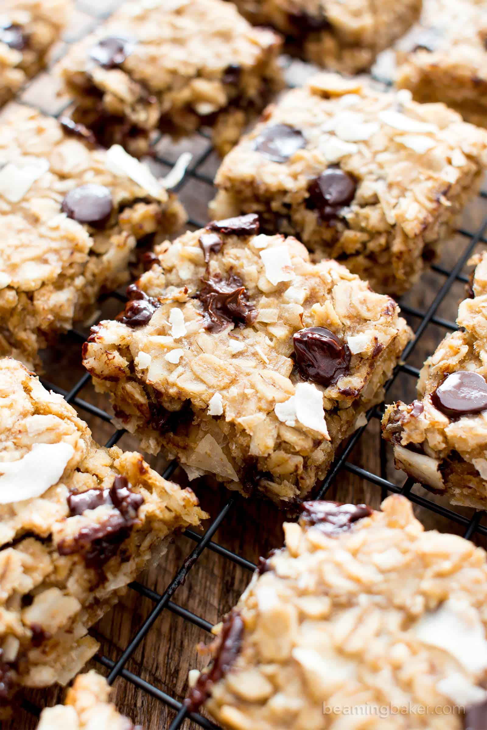 Easy Gluten Free Coconut Chocolate Chip Banana Breakfast Bars (V, GF): a quick and easy recipe for healthy homemade breakfast bars made with simple, whole ingredients. #Vegan #GlutenFree #DairyFree #Healthy #Breakfast | Recipe on BeamingBaker.com 