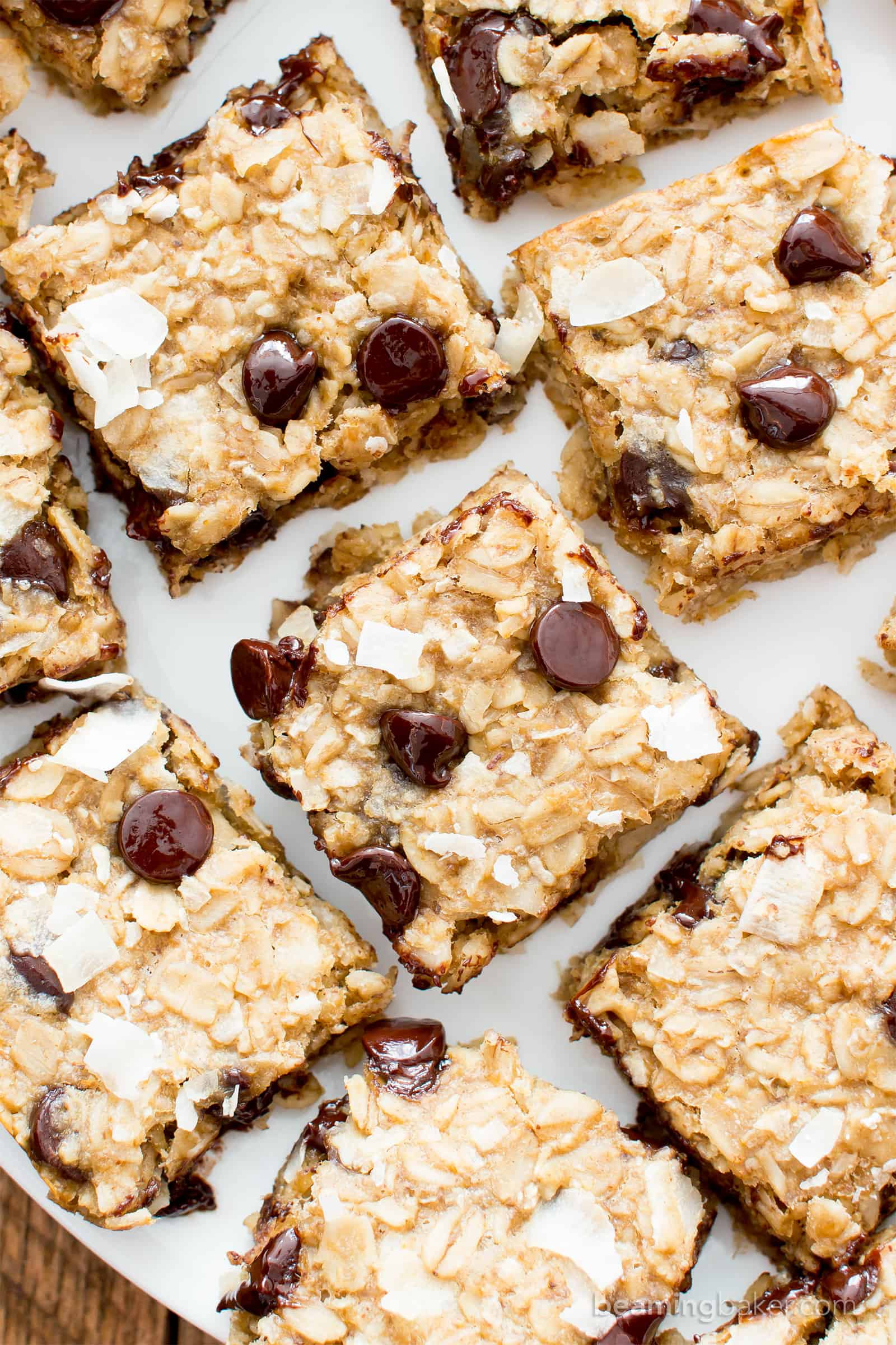 Easy Gluten Free Coconut Chocolate Chip Banana Breakfast Bars (V, GF): a quick and easy recipe for healthy homemade breakfast bars made with simple, whole ingredients. #Vegan #GlutenFree #DairyFree #Healthy #Breakfast | Recipe on BeamingBaker.com 