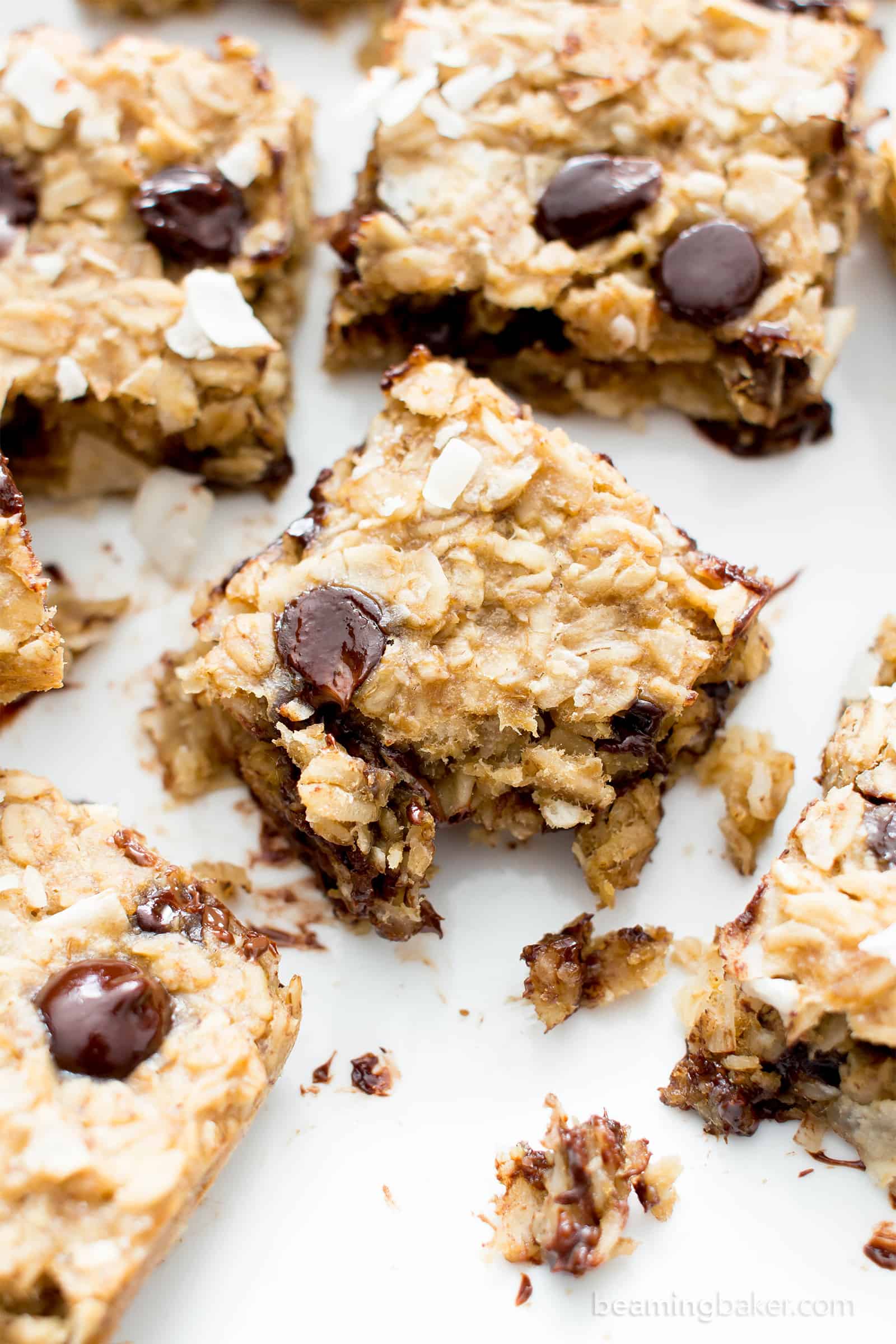 Easy Gluten Free Coconut Chocolate Chip Banana Breakfast Bars (V, GF): a quick and easy recipe for healthy homemade breakfast bars made with simple, whole ingredients. #Vegan #GlutenFree #DairyFree #Healthy #Breakfast | Recipe on BeamingBaker.com 