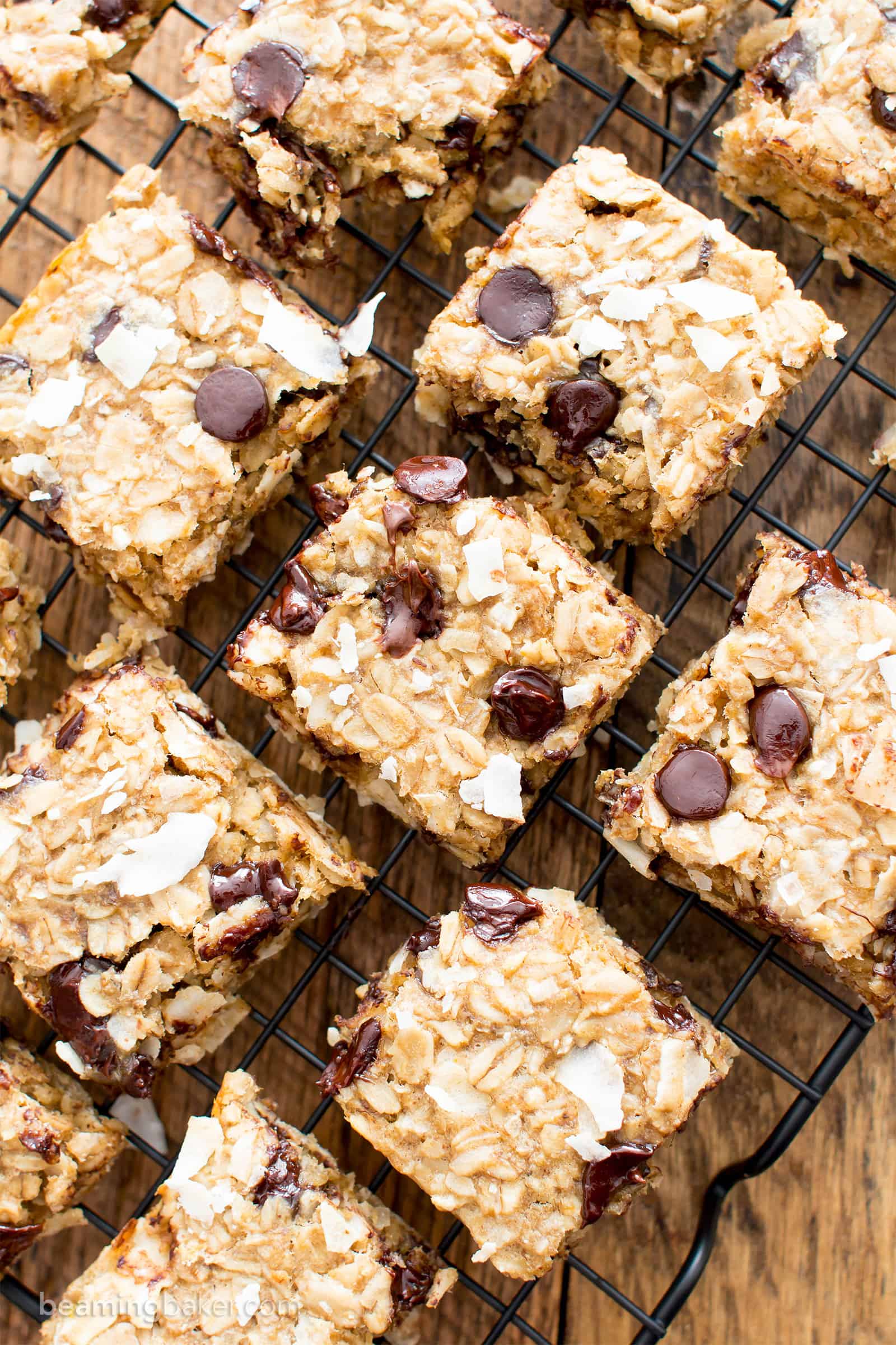 Easy Gluten Free Coconut Chocolate Chip Banana Breakfast Bars (V, GF): a quick and easy recipe for healthy homemade breakfast bars made with simple, whole ingredients. #Vegan #GlutenFree #DairyFree #Healthy #Breakfast | Recipe on BeamingBaker.com 