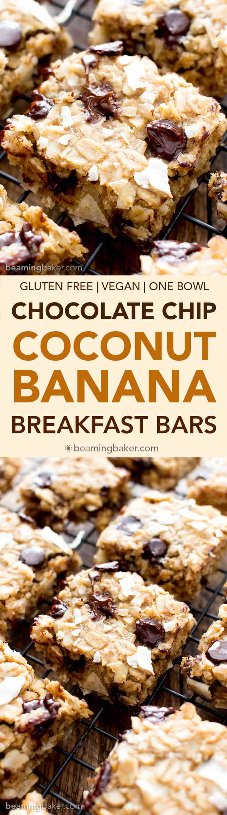 Easy Gluten Free Coconut Chocolate Chip Banana Breakfast Bars (V, GF): a quick and easy recipe for healthy homemade breakfast bars made with simple, whole ingredients. #Vegan #GlutenFree #DairyFree #Healthy #Breakfast | Recipe on BeamingBaker.com 