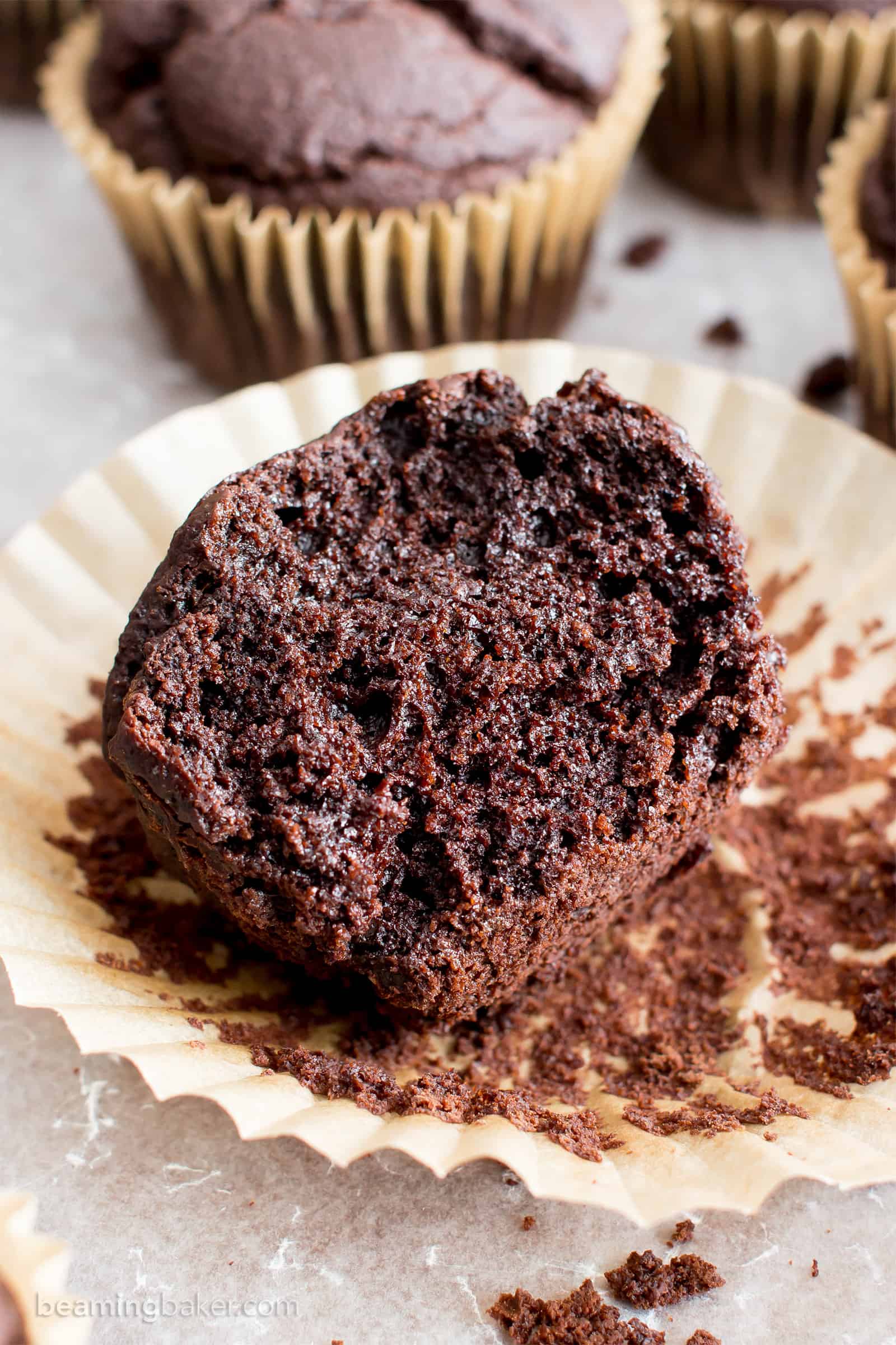 Gluten Free Chocolate Muffins: rich, deep dark vegan chocolate muffins with a beautiful rise. Dairy-Free. #GlutenFree #Vegan #Chocolate #Muffins | Recipe at BeamingBaker.com