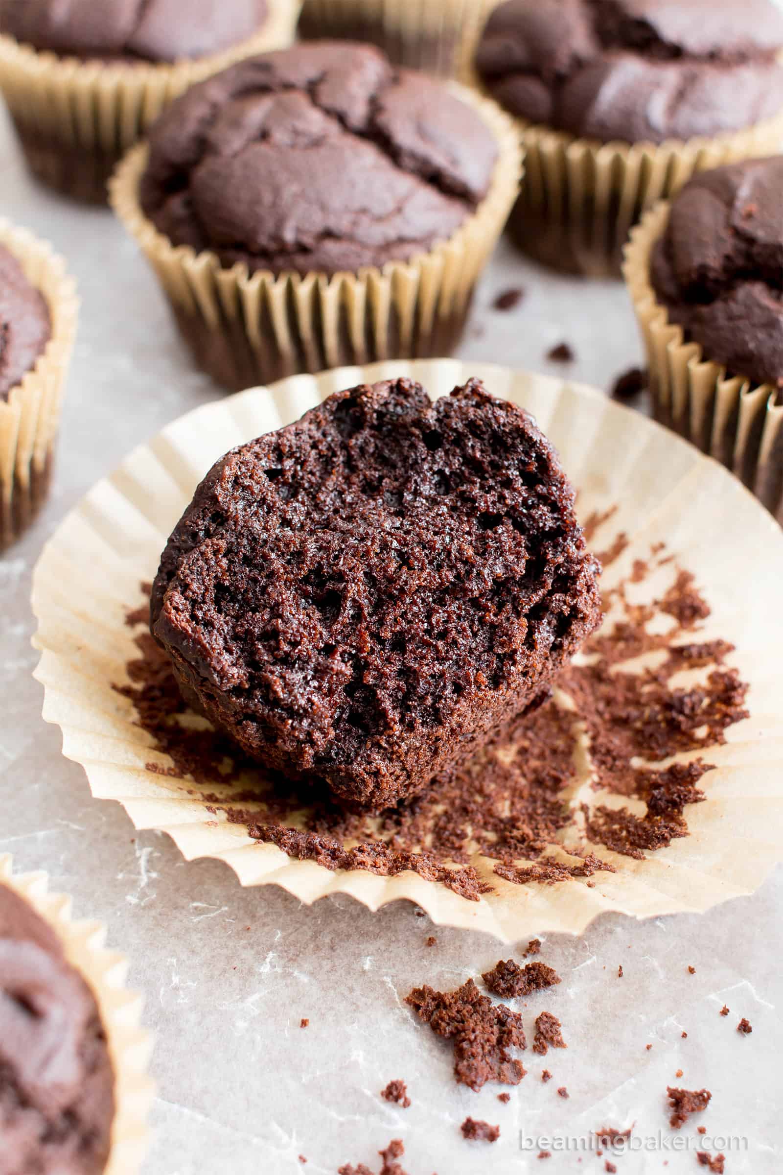 Gluten Free Chocolate Muffins: rich, deep dark vegan chocolate muffins with a beautiful rise. Dairy-Free. #GlutenFree #Vegan #Chocolate #Muffins | Recipe at BeamingBaker.com