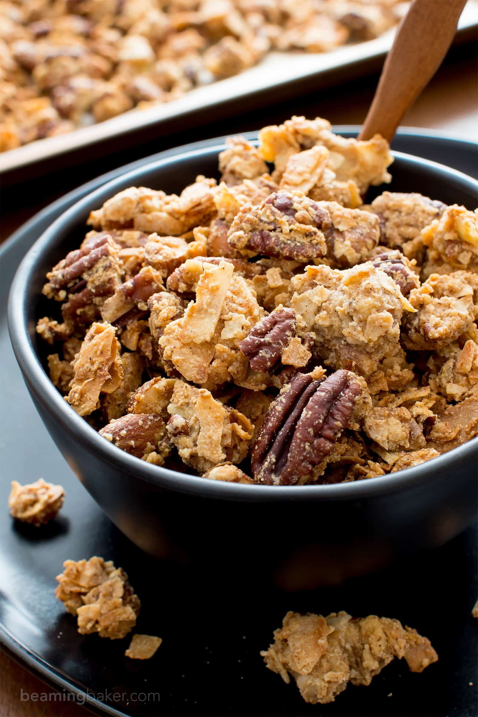 Grain Free Granola: this paleo granola recipe yields chunky granola clusters! The best grain free granola recipe—grainless, delicious, no grain granola. #GrainFree #Paleo #Grainless #Granola | Recipe at BeamingBaker.com