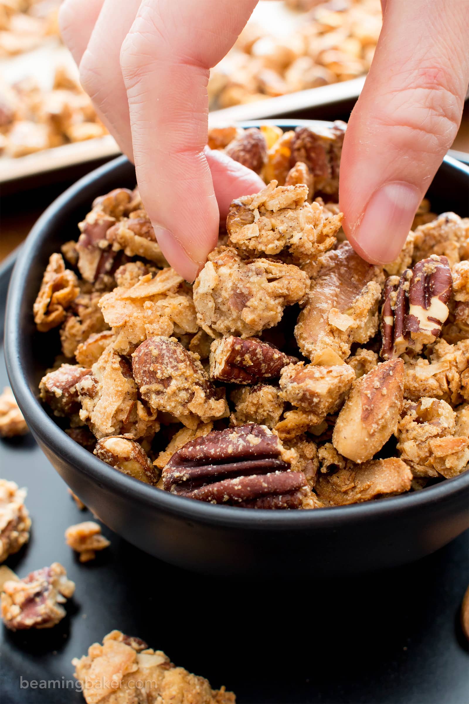 Grain Free Granola: this paleo granola recipe yields chunky granola clusters! The best grain free granola recipe—grainless, delicious, no grain granola. #GrainFree #Paleo #Grainless #Granola | Recipe at BeamingBaker.com