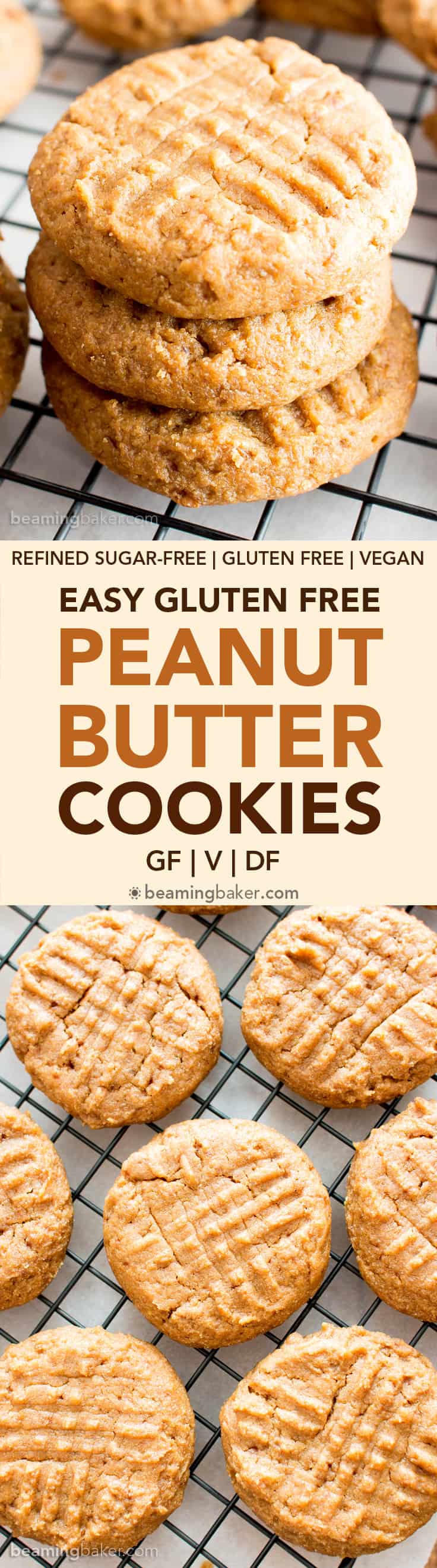 Easy Gluten Free Peanut Butter Cookies (V, GF): an easy recipe for soft and chewy gluten-free peanut butter cookies that taste just like the classics! #Vegan #GlutenFree #DairyFree #Dessert #Cookies | Recipe on BeamingBaker.com