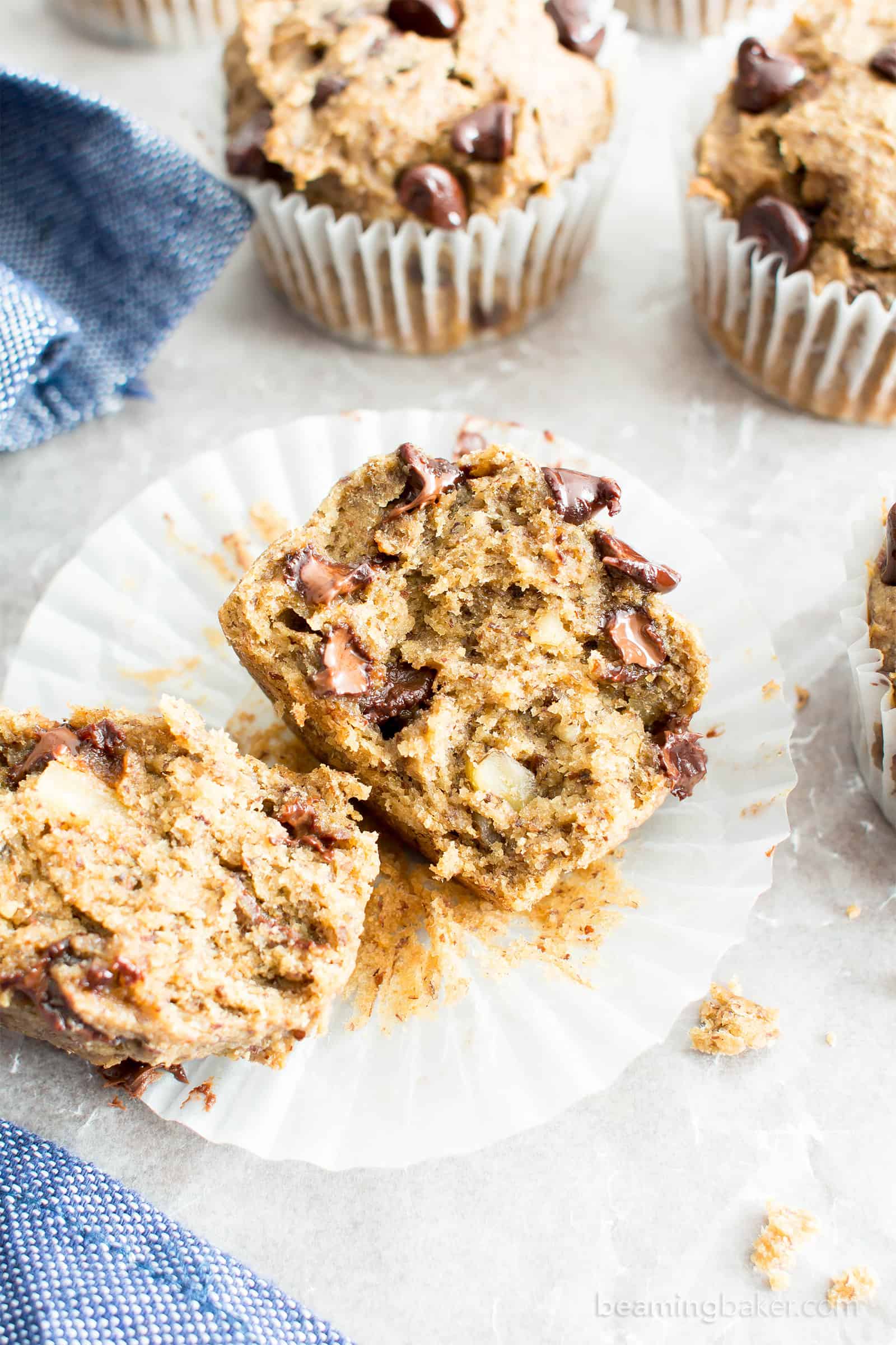 Moist Banana Chocolate Chip Muffins (V, GF): a one bowl recipe for perfectly moist banana muffins bursting with chocolate chips! #Vegan #GlutenFree #DairyFree #Breakfast #Dessert | Recipe on BeamingBaker.com