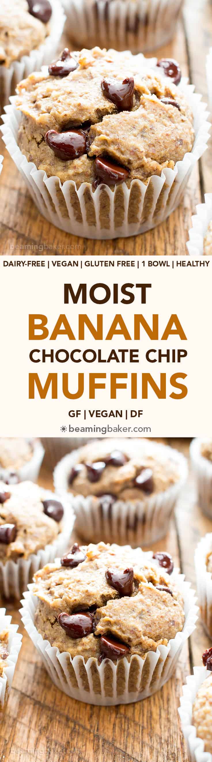Moist Banana Chocolate Chip Muffins (V, GF): a one bowl recipe for perfectly moist banana muffins bursting with chocolate chips! #Vegan #GlutenFree #DairyFree #Breakfast #Dessert | Recipe on BeamingBaker.com
