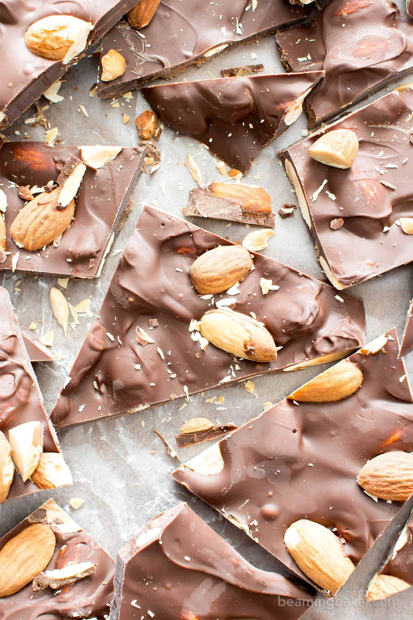 Overhead shot of almond bark pieces recently cut and broken apart