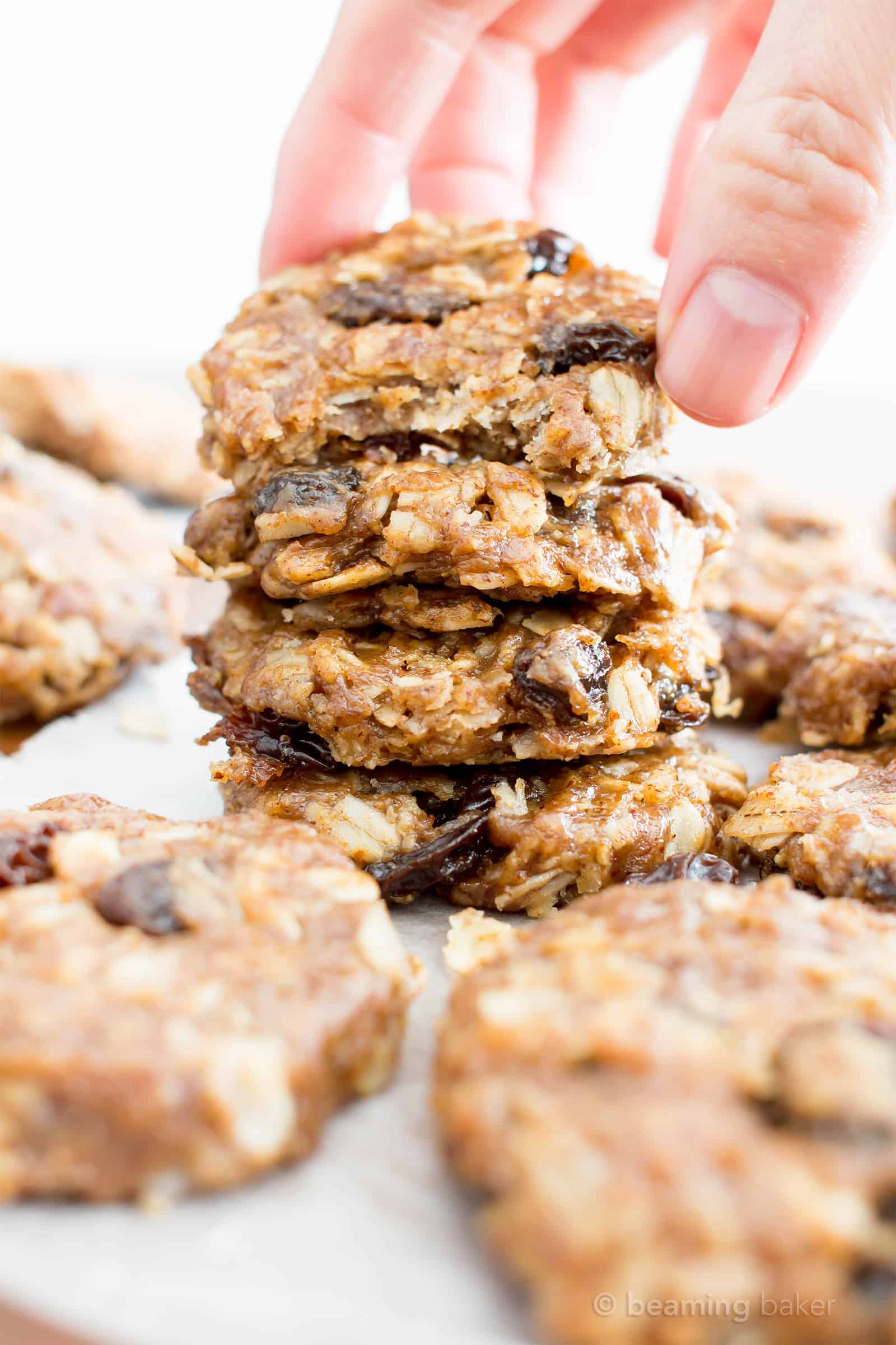 4 Ingredient No Bake Chewy Oatmeal Raisin Cookies (V, GF): an easy recipe for delightfully chewy no bake cookies bursting with raisins and cinnamon flavor! #Vegan #GlutenFree #DairyFree #Cookies #NoBake #Dessert | Recipe on BeamingBaker.com