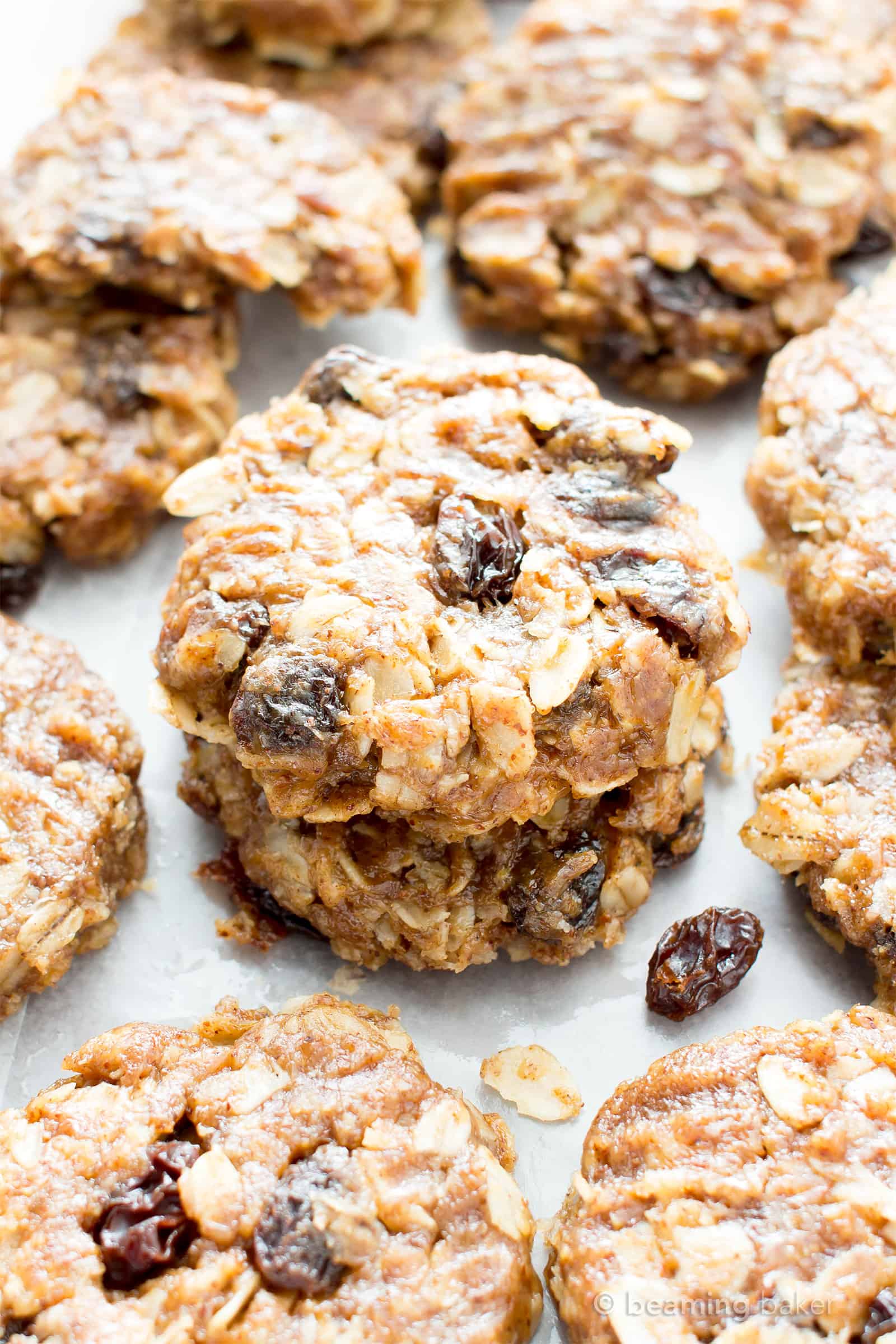 4 Ingredient No Bake Chewy Oatmeal Raisin Cookies (V, GF): an easy recipe for delightfully chewy no bake cookies bursting with raisins and cinnamon flavor! #Vegan #GlutenFree #DairyFree #Cookies #NoBake #Dessert | Recipe on BeamingBaker.com