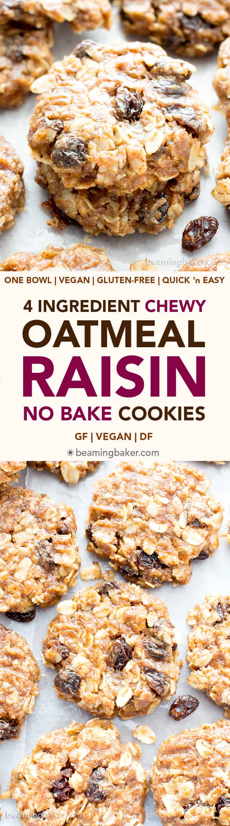 4 Ingredient No Bake Chewy Oatmeal Raisin Cookies (V, GF): an easy recipe for delightfully chewy no bake cookies bursting with raisins and cinnamon flavor! #Vegan #GlutenFree #DairyFree #Cookies #NoBake #Dessert | Recipe on BeamingBaker.com