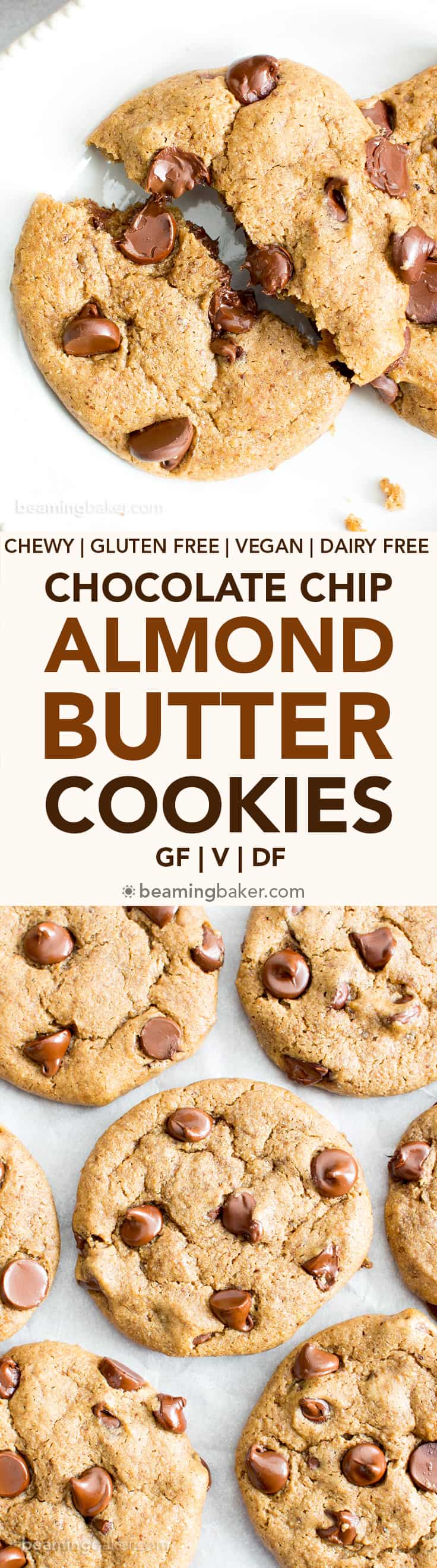 Gluten Free Almond Butter Chocolate Chip Cookies (V, GF): an irresistible recipe for perfectly chewy chocolate chip cookies made with smooth, creamy almond butter and a secret ingredient. #Vegan #GlutenFree #DairyFree #Cookies #Dessert #AD | Recipe on BeamingBaker.com