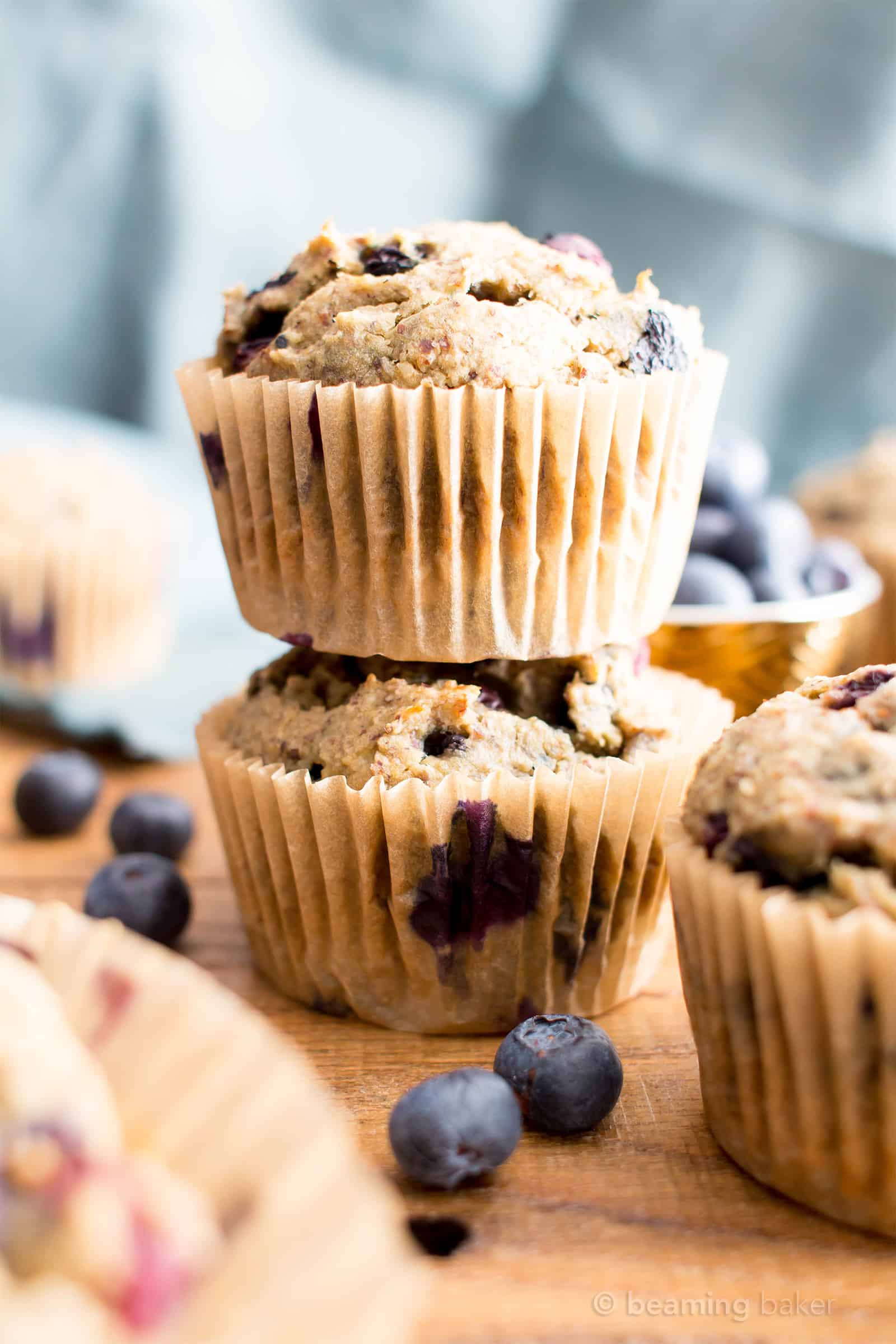 Healthy Banana Blueberry Muffins Recipe (V, GF): an easy recipe for moist banana muffins bursting with fresh blueberry flavor! #Vegan #GlutenFree #DairyFree #Breakfast #Healthy | Recipe on BeamingBaker.com