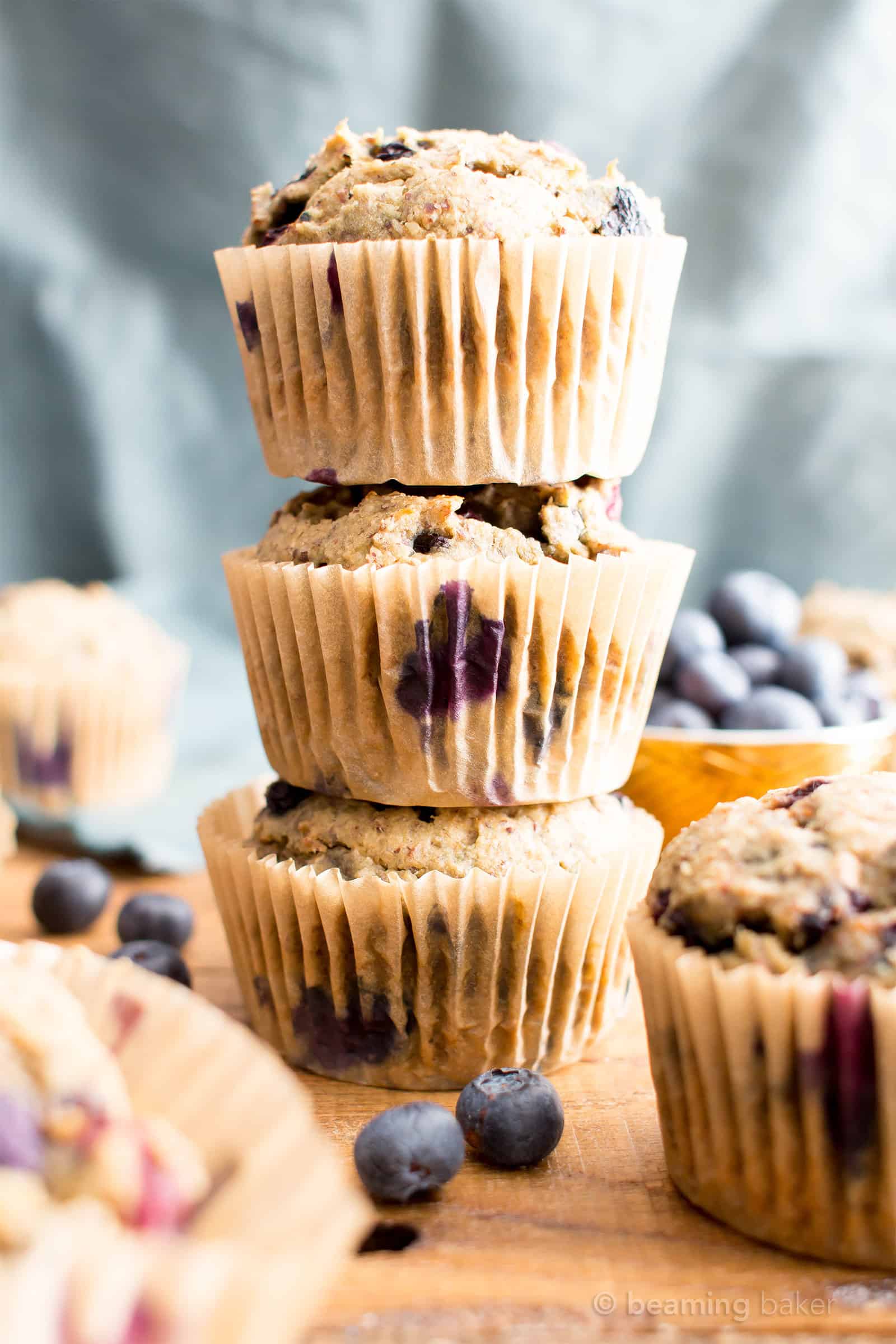 Healthy Banana Blueberry Muffins Recipe (V, GF): an easy recipe for moist banana muffins bursting with fresh blueberry flavor! #Vegan #GlutenFree #DairyFree #Breakfast #Healthy | Recipe on BeamingBaker.com