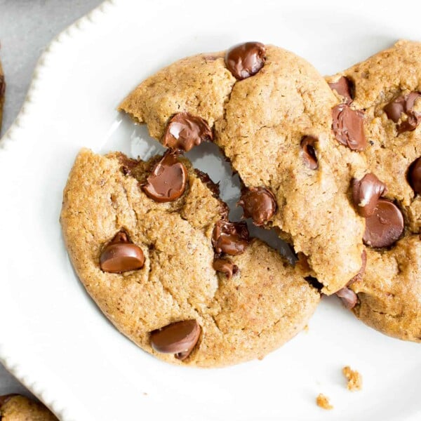 Gluten Free Almond Butter Chocolate Chip Cookies (V, GF): an irresistible recipe for perfectly chewy chocolate chip cookies made with smooth, creamy almond butter and a secret ingredient. #Vegan #GlutenFree #DairyFree #Cookies #Dessert #AD | Recipe on BeamingBaker.com