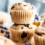 Healthy Banana Blueberry Muffins Recipe (V, GF): an easy recipe for moist banana muffins bursting with fresh blueberry flavor! #Vegan #GlutenFree #DairyFree #Breakfast #Healthy | Recipe on BeamingBaker.com