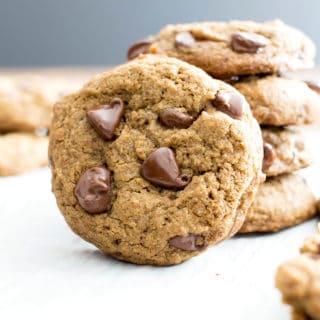 Vegan Chocolate Chip Cookies Recipe (V, GF): Chewy on the inside, crispy on the edges, and packed with rich chocolate. My favorite chocolate chip cookies! #Vegan #GlutenFree #DairyFree #Cookies #Dessert | Recipe on BeamingBaker.com