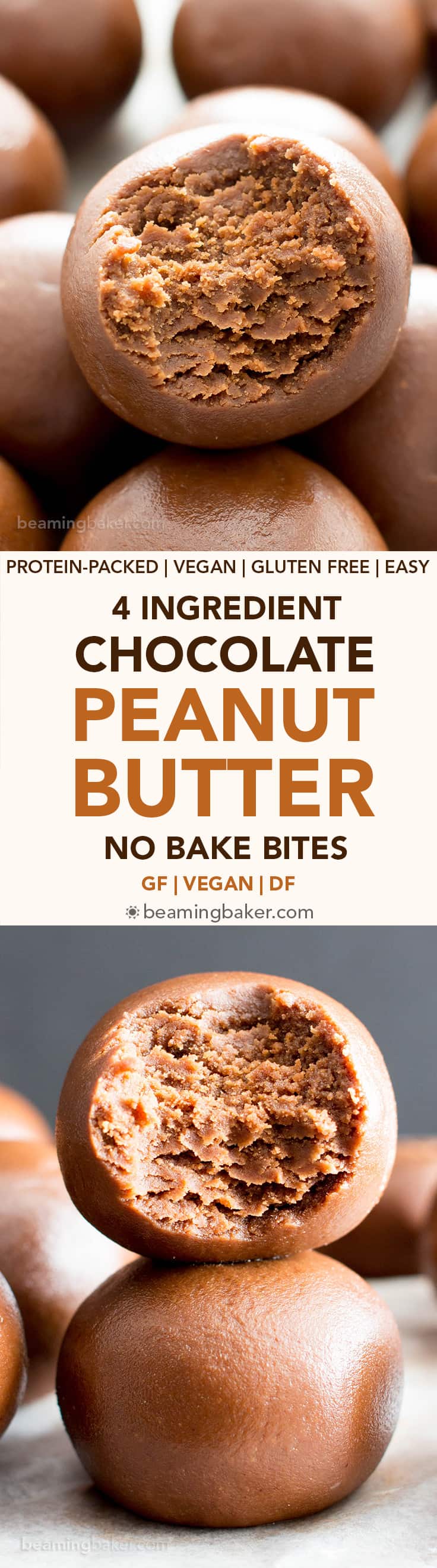 4 Ingredient Chocolate Peanut Butter No Bake Energy Bites Recipe (V, GF): an easy, one bowl recipe for irresistible no bake bites packed with peanut butter and chocolate flavor! #Vegan #GlutenFree #DairyFree #PeanutButter #Chocolate #NoBake #Snacks | Recipe on BeamingBaker.com