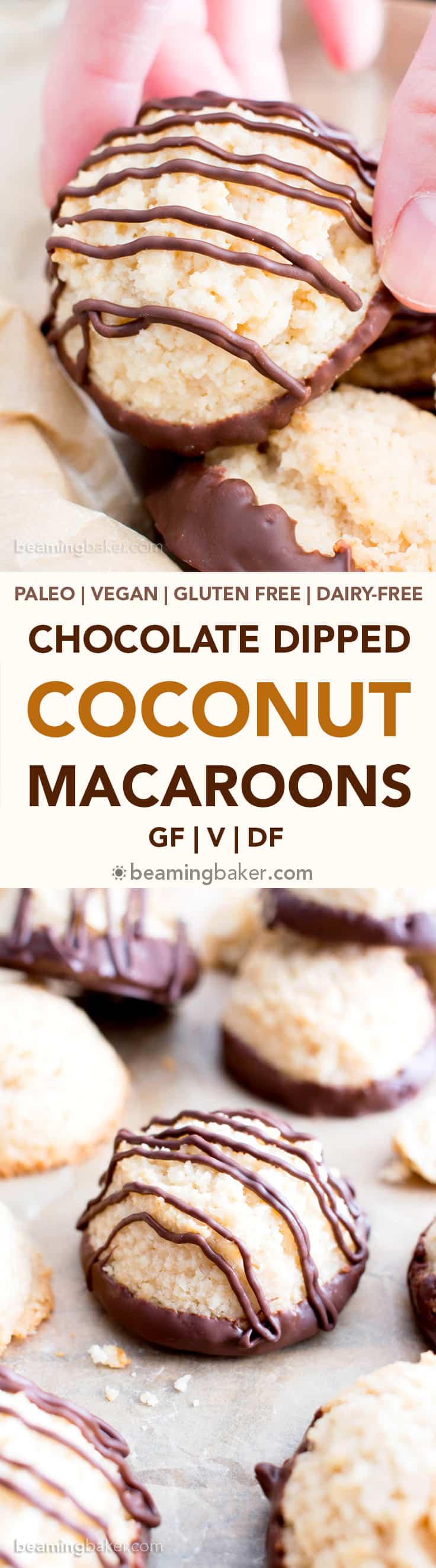 Chocolate Dipped Vegan Coconut Macaroons Recipe (V, GF): an easy recipe for chewy and satisfying chocolate-dipped coconut macaroons made with whole ingredients! #Vegan #Paleo #GlutenFree #DairyFree #Cookies #Coconut #Macaroons #Dessert | Recipe on BeamingBaker.com