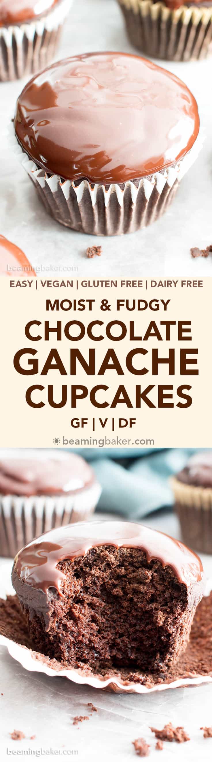 Chocolate Ganache Cupcakes (V, GF): an easy recipe for perfectly moist chocolate cupcakes covered in a thick layer of rich chocolate ganache! #Vegan #GlutenFree #DairyFree #Chocolate #Dessert | Recipe on BeamingBaker.com