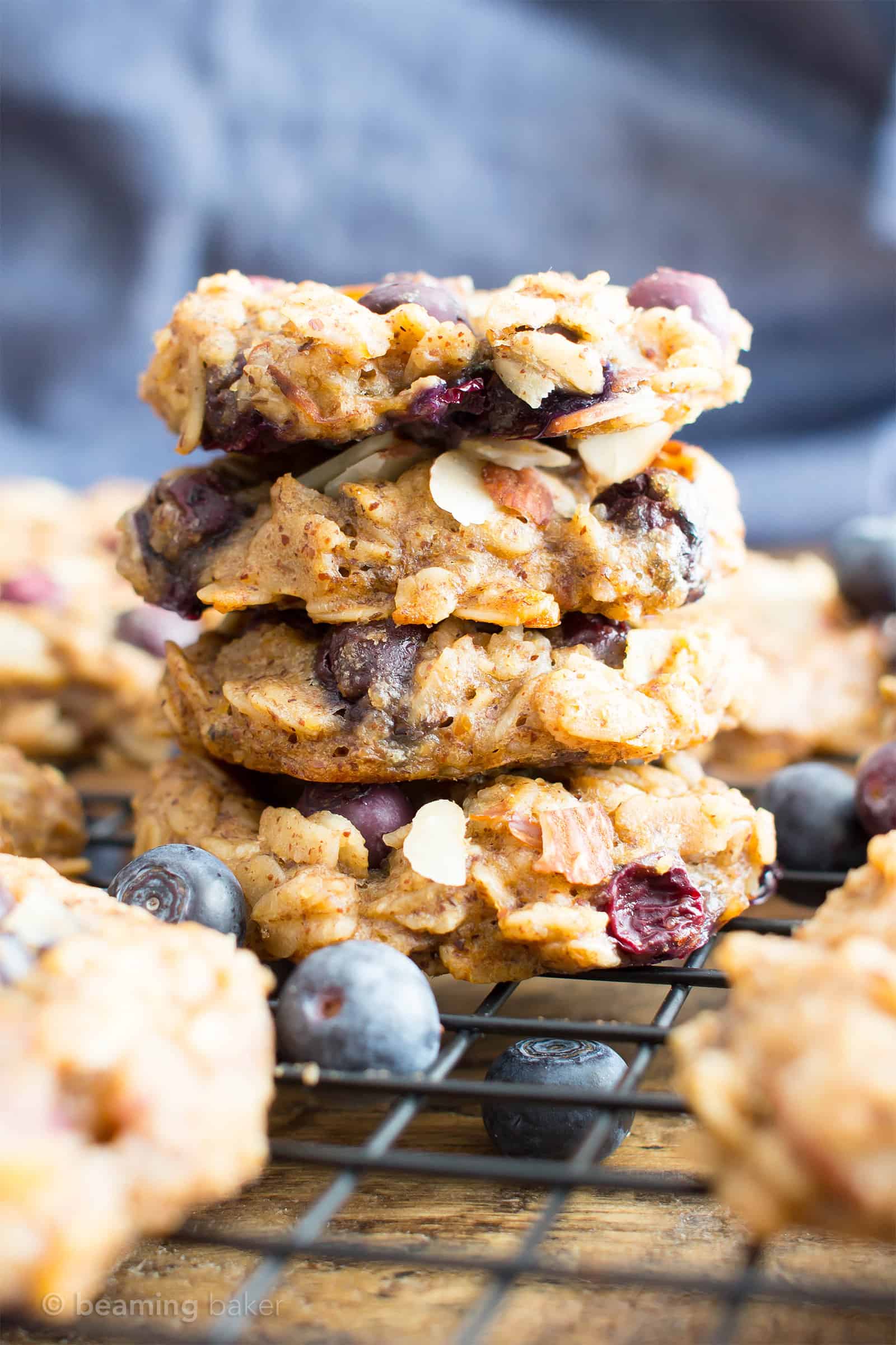 Gluten Free Blueberry Banana Almond Breakfast Cookies (V, GF): a one bowl recipe for delightfully chewy banana breakfast cookies bursting with juicy blueberries and crunchy almonds. #Vegan #GlutenFree #DairyFree #Cookies #Breakfast #Blueberries | Recipe on BeamingBaker.com