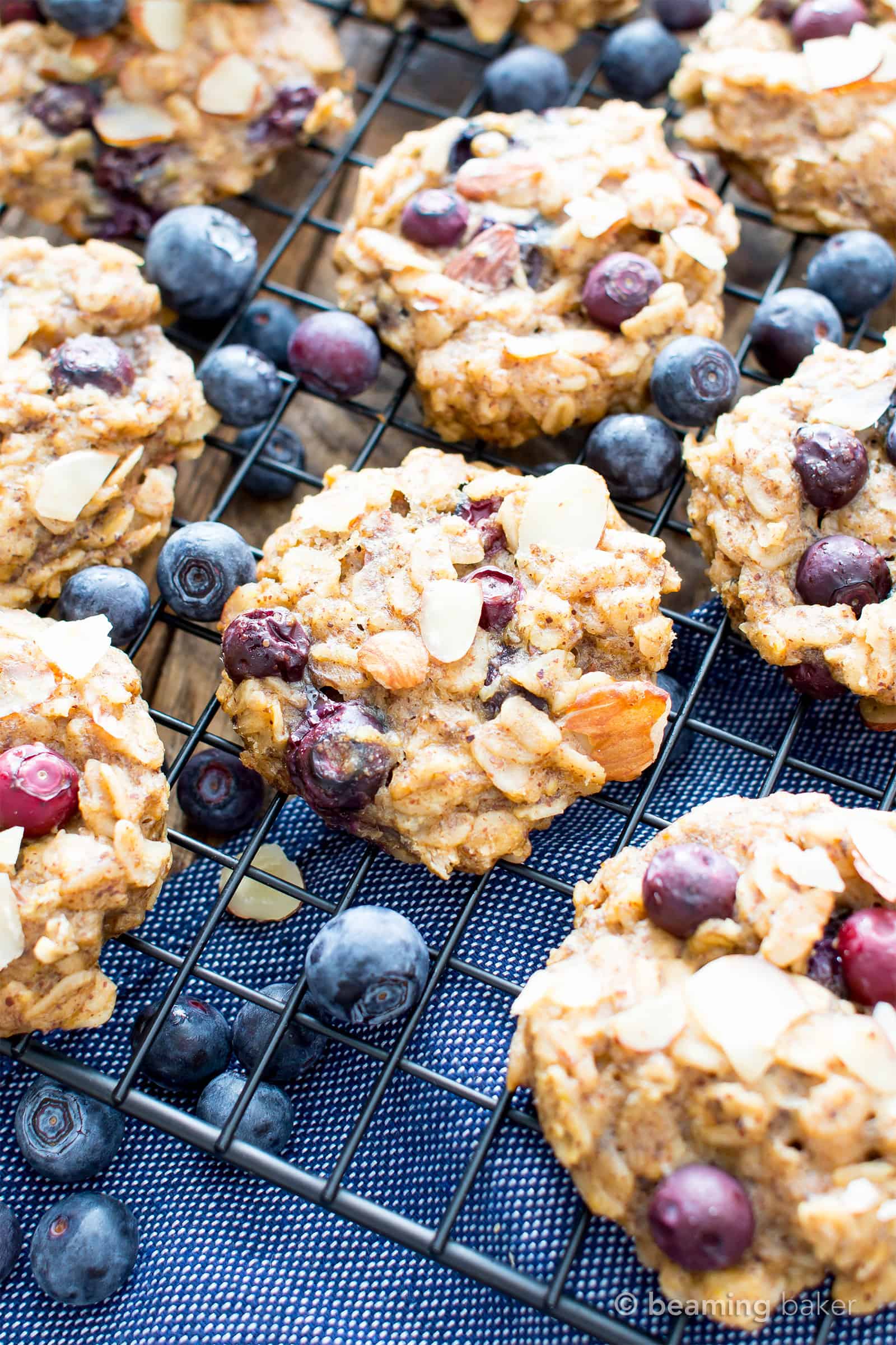 Gluten Free Blueberry Banana Almond Breakfast Cookies (V, GF): a one bowl recipe for delightfully chewy banana breakfast cookies bursting with juicy blueberries and crunchy almonds. #Vegan #GlutenFree #DairyFree #Cookies #Breakfast #Blueberries | Recipe on BeamingBaker.com