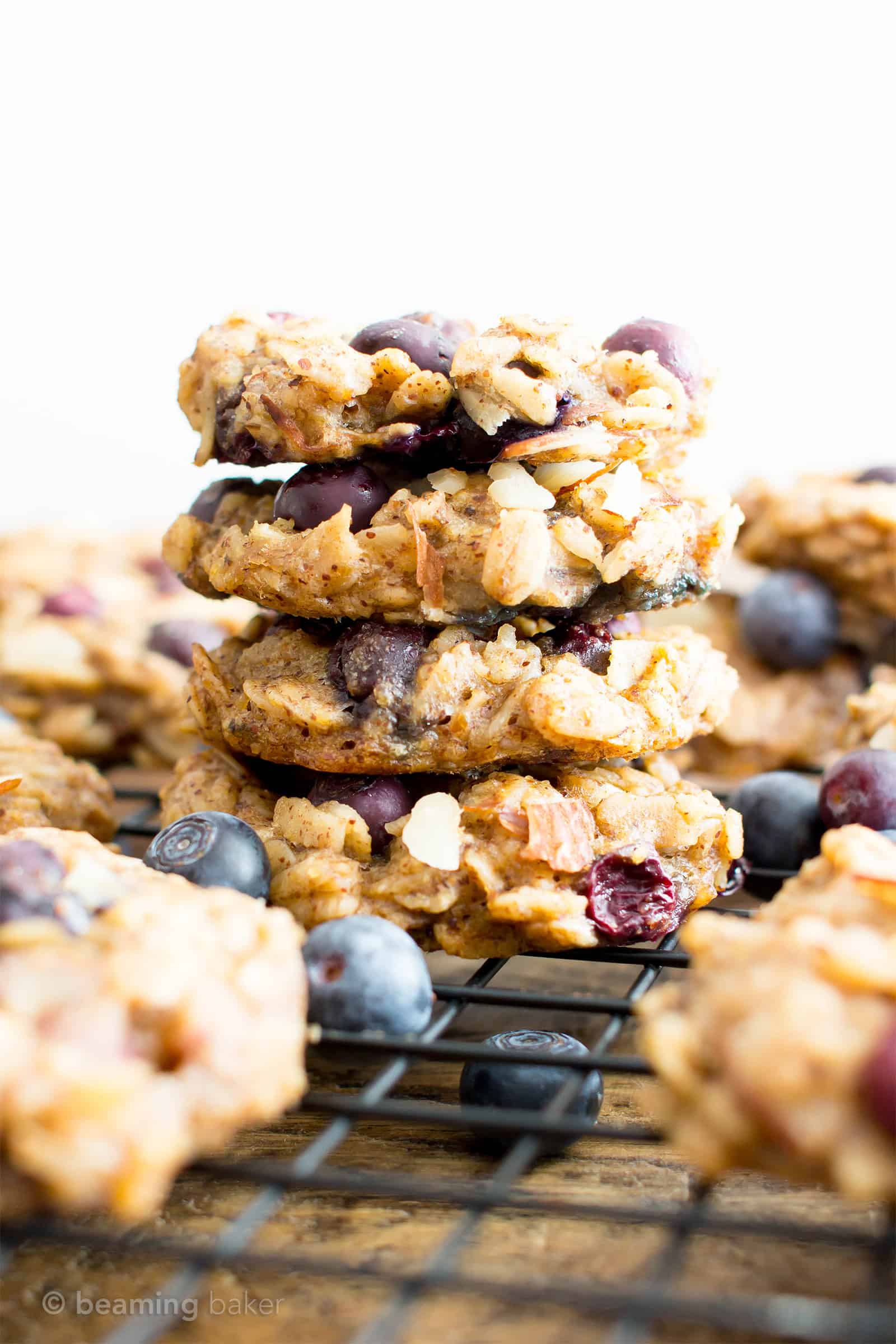 Gluten Free Blueberry Banana Almond Breakfast Cookies (V, GF): a one bowl recipe for delightfully chewy banana breakfast cookies bursting with juicy blueberries and crunchy almonds. #Vegan #GlutenFree #DairyFree #Cookies #Breakfast #Blueberries | Recipe on BeamingBaker.com