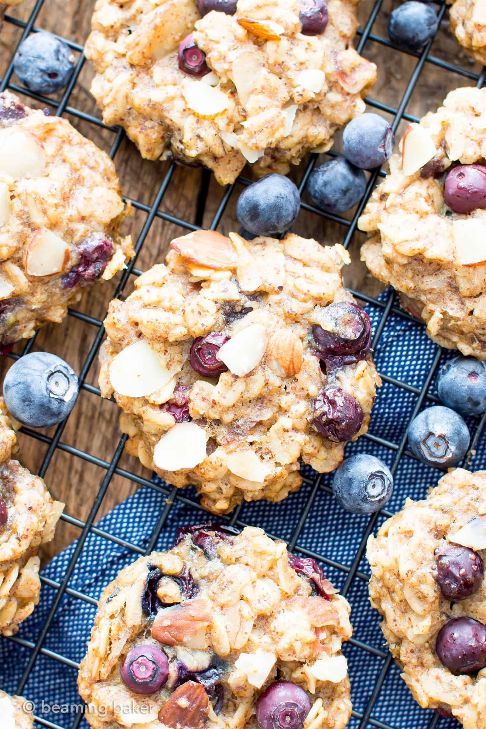 Gluten Free Blueberry Banana Almond Breakfast Cookies (V, GF): a one bowl recipe for delightfully chewy banana breakfast cookies bursting with juicy blueberries and crunchy almonds. #Vegan #GlutenFree #DairyFree #Cookies #Breakfast #Blueberries | Recipe on BeamingBaker.com