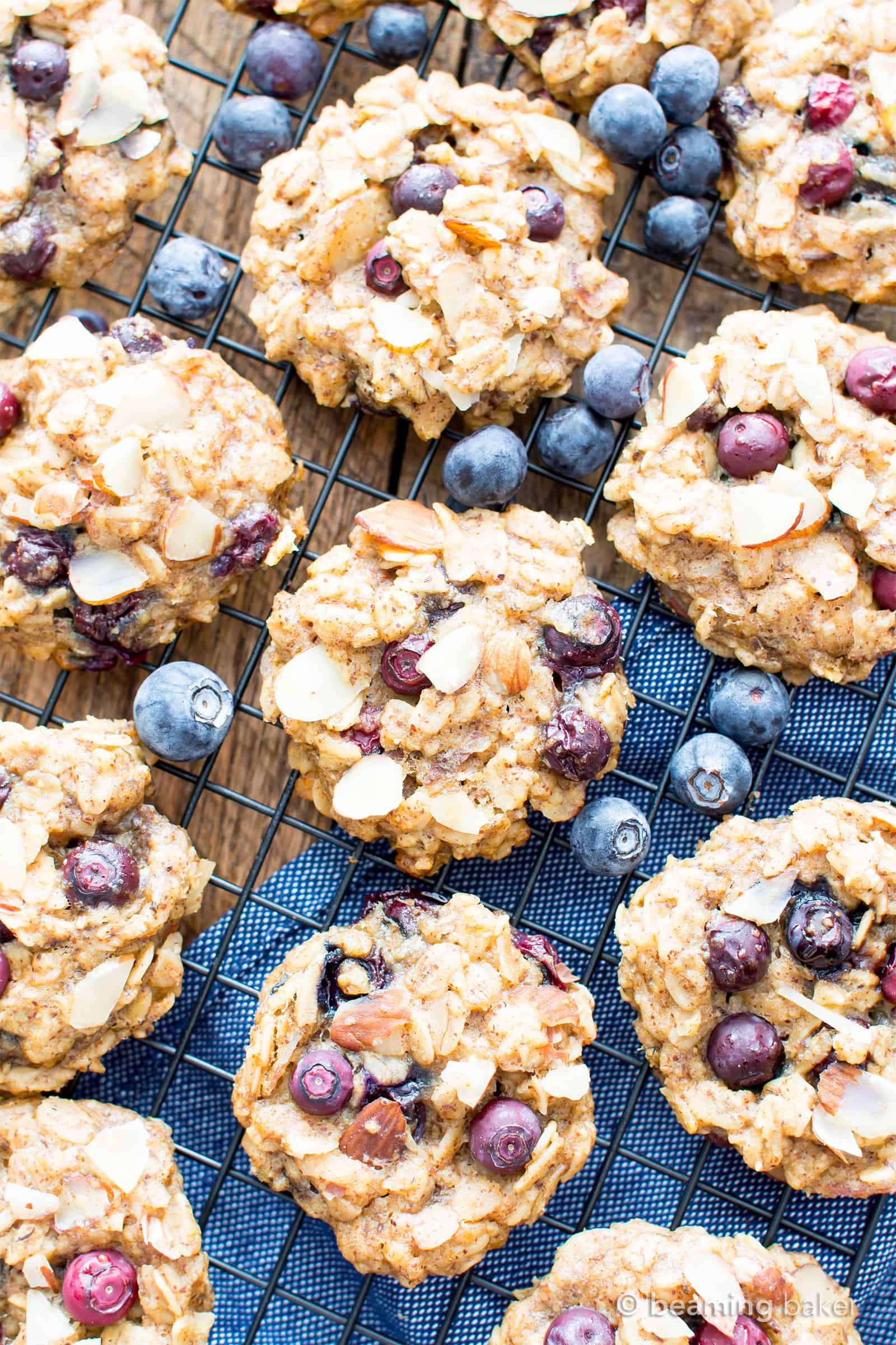 Gluten Free Blueberry Banana Almond Breakfast Cookies (V, GF): a one bowl recipe for delightfully chewy banana breakfast cookies bursting with juicy blueberries and crunchy almonds. #Vegan #GlutenFree #DairyFree #Cookies #Breakfast #Blueberries | Recipe on BeamingBaker.com