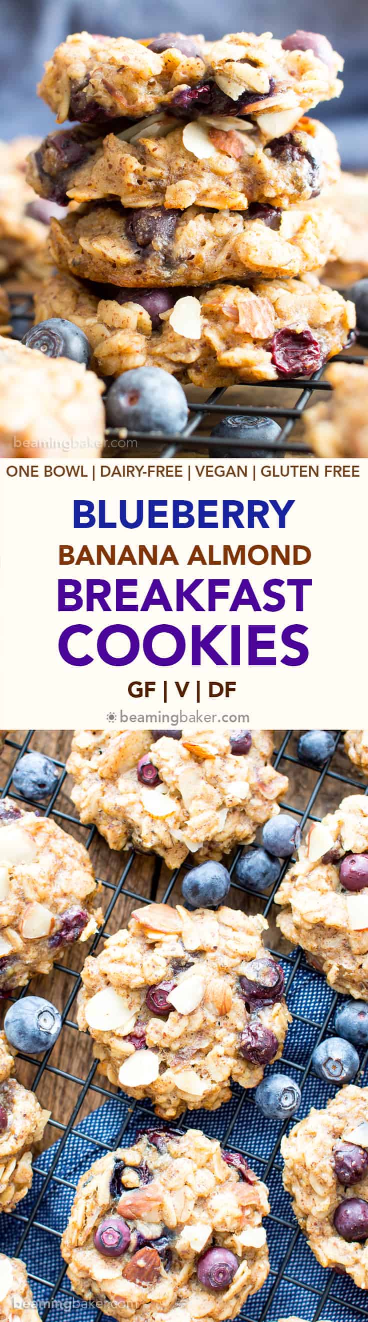 Gluten Free Blueberry Banana Almond Breakfast Cookies (V, GF): a one bowl recipe for delightfully chewy banana breakfast cookies bursting with juicy blueberries and crunchy almonds. #Vegan #GlutenFree #DairyFree #Cookies #Breakfast #Blueberries | Recipe on BeamingBaker.com 