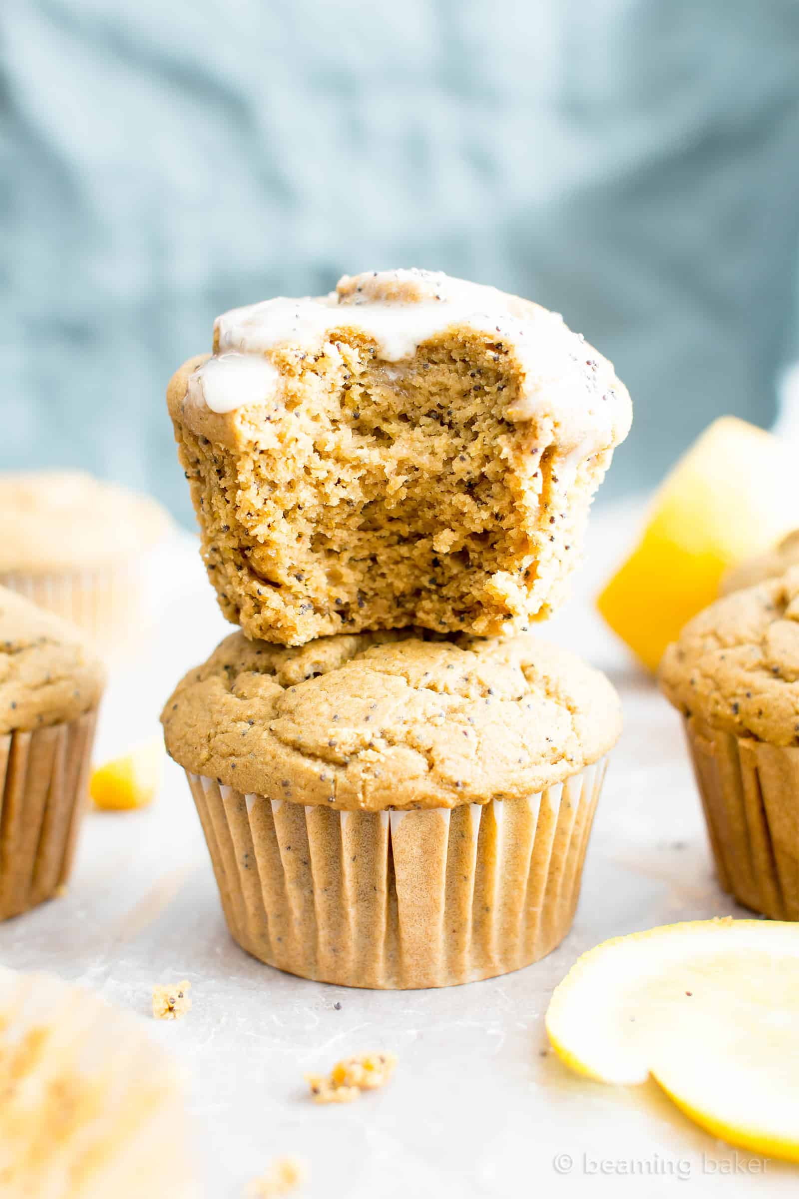 Vegan Lemon Poppy Seed Muffins (Gluten Free): an easy recipe for moist ‘n fluffy vegan lemon poppy seed muffins—perfectly sweet ‘n tart! Gluten Free. #Vegan #Lemon #PoppySeed #GlutenFree #Muffins | Recipe at BeamingBaker.com