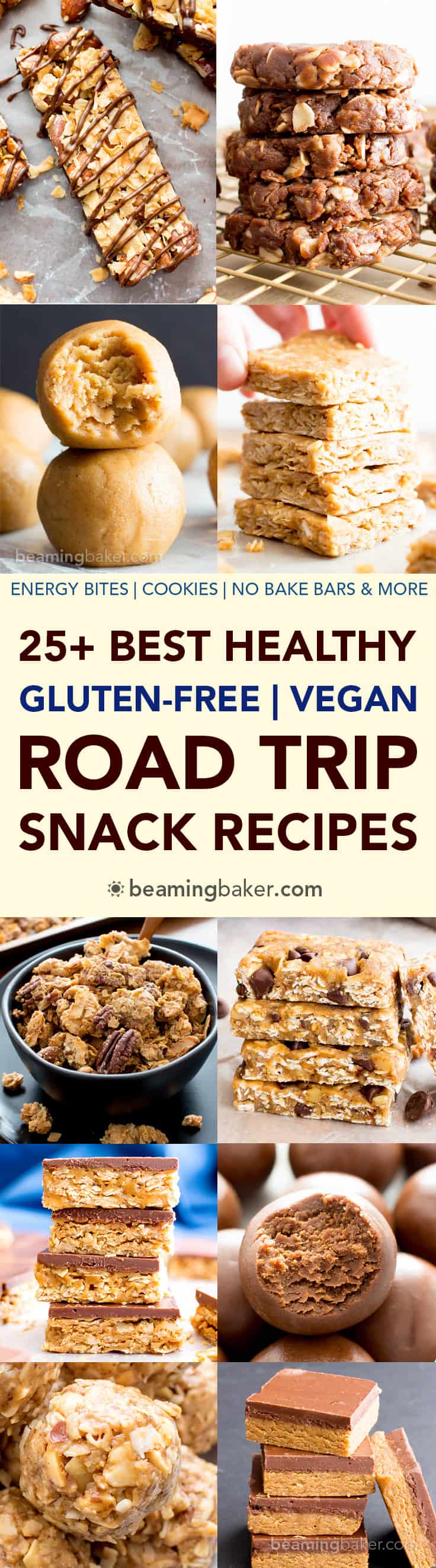 25+ Best Healthy Road Trip Snacks Recipes (V, GF): a tasty collection of the best healthy recipes for sweet and satisfying road trip snacks! #Vegan #GlutenFree #DairyFree #RefinedSugarFree #Snacks #NoBake | Recipes on BeamingBaker.com