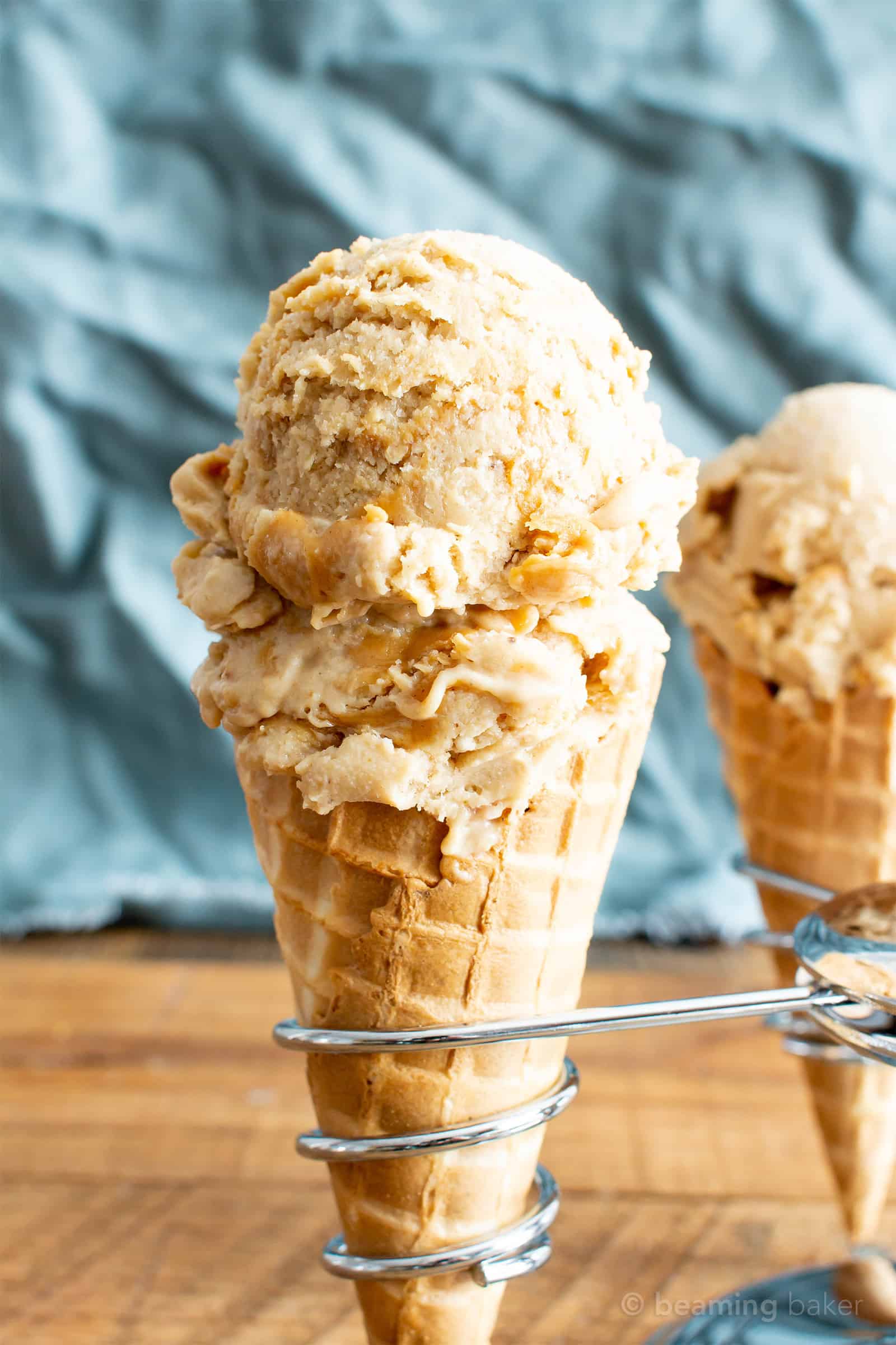 4 Ingredient Banana Peanut Butter Swirl Ice Cream (V, GF): my favorite easy, no-churn recipe for delightfully sweet and creamy vegan ice cream bursting with peanut butter flavor! #Vegan #GlutenFree #DairyFree #PeanutButter #Dessert #IceCream | Recipe on BeamingBaker.com